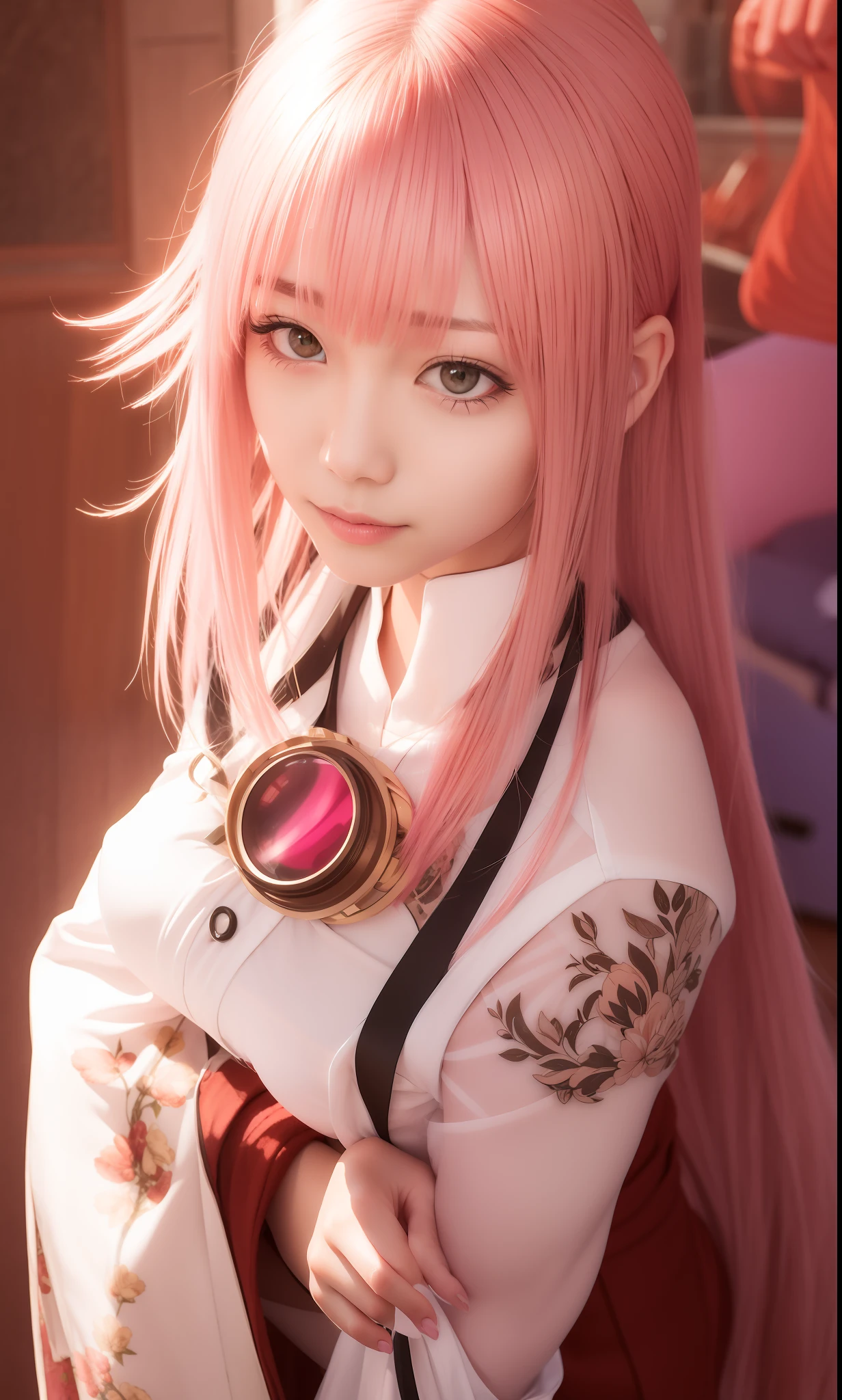 1girl, yae miko, pink hair, realistic, ultra detail, 70mm lens