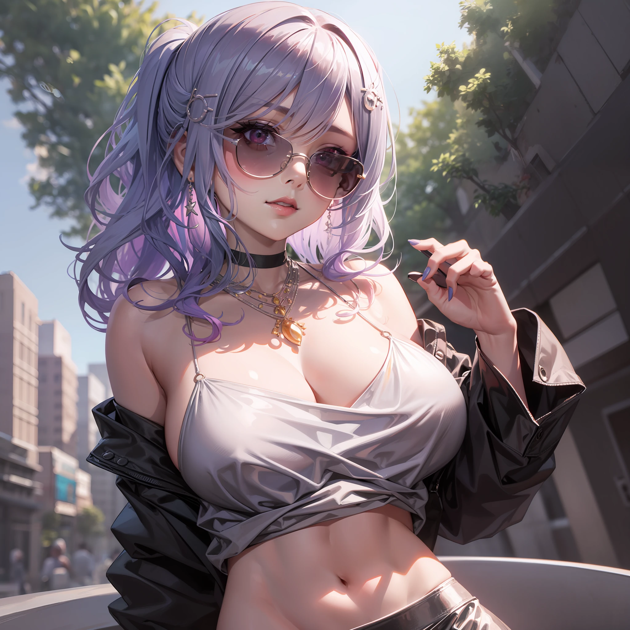 best qualtiy， 超高分辨率， （realisticlying：1.4）， 1girll， Off-shoulder white shirt， Black tight skirt， a black choker， （Faded gray-gray hair：1）， （：1.2）， looking at viewert， closeup cleavage ，huge tit，Blush，Wearing pink sunglasses，