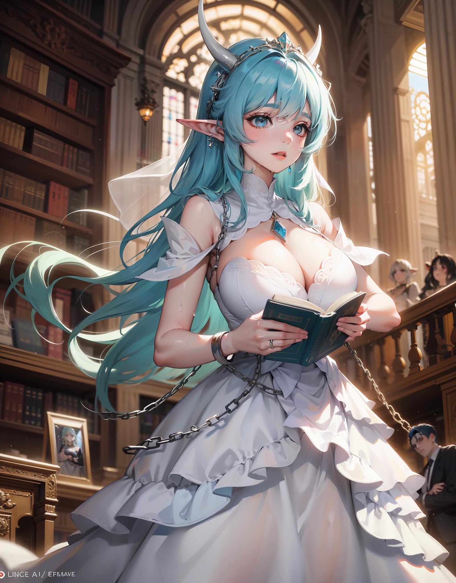 Young woman with light blue hair Elf ears and white horns in a magical library using her water powers in the middle of chains and with a long white wedding dress all wet, Ela tem um corpo volumoso e os seios, breasts and bust are huge, ela tem um rosto macio delicado lindo e perfeito e um olhar assasino.