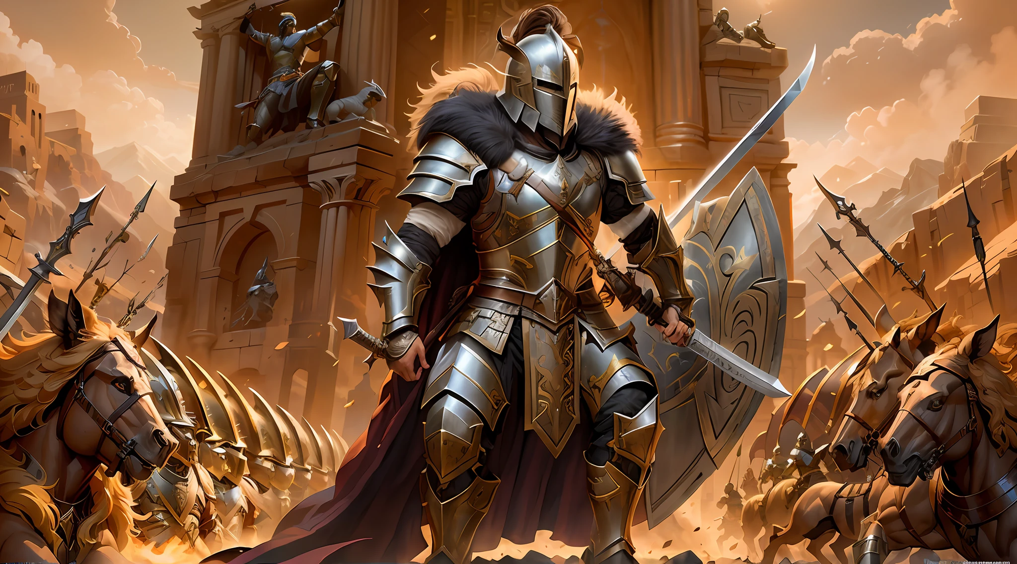 Hay un hombre con armadura parado frente a un grupo de caballos, Ares con armadura pesada y espada, fantasy paladin, male paladin, Epic Paladin Armor, fantasy warrior in full armor, Guerrero blindado, Paladin Golden Armor, strong fantasy knight, Guerrero blindado, fantasy knight, A male human paladin, Paladin Armor, Caballero blindado