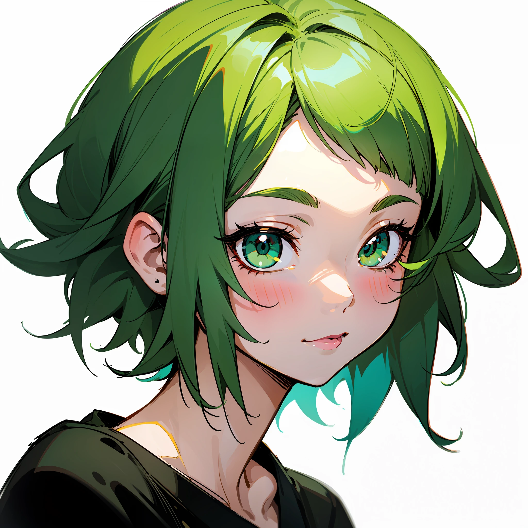 Close-up of a cartoon girl with short green hair and black dress, She has short green hair, Digital drawing, 🤤 girl portrait, Portrait of a woman with green hair, solo portrait 🎨🖌️, Green head, character portrait of me, Green hair,Dark green hair, Cartoon Cute,, digital sketch, colored sketch, Cartoon Art Style, in an anime style ，with a pure white background ，painted character portrait，pencil drawing --auto