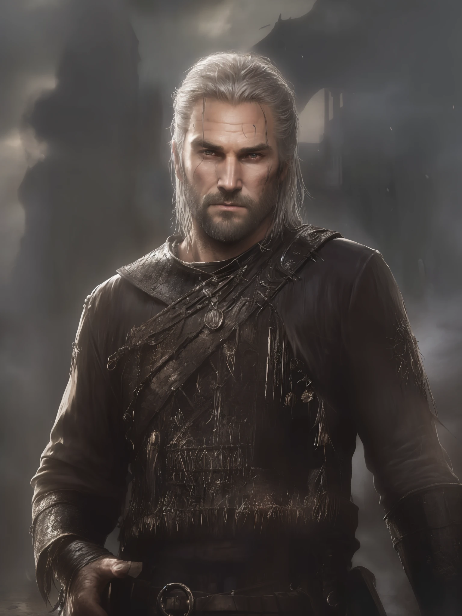 An actor Clive Standen as Geralt of Rivia, with a sword and a white shirt, the witcher concept art, epic portrait of menacing, character portrait art, painted character portrait, detailed character portrait, character art portrait, fantasy genre portrait, fantasy character portrait, character - portrait, epic character portrait, rpg portrait concept art, The witcher 3, realistically, dynamic lights, old, full footage, (extremely detailed 8k wallpaper of CG unit), trend in ArtStation, trend in CGSociety, high detail, sharp focus, dramatic, photorealistic