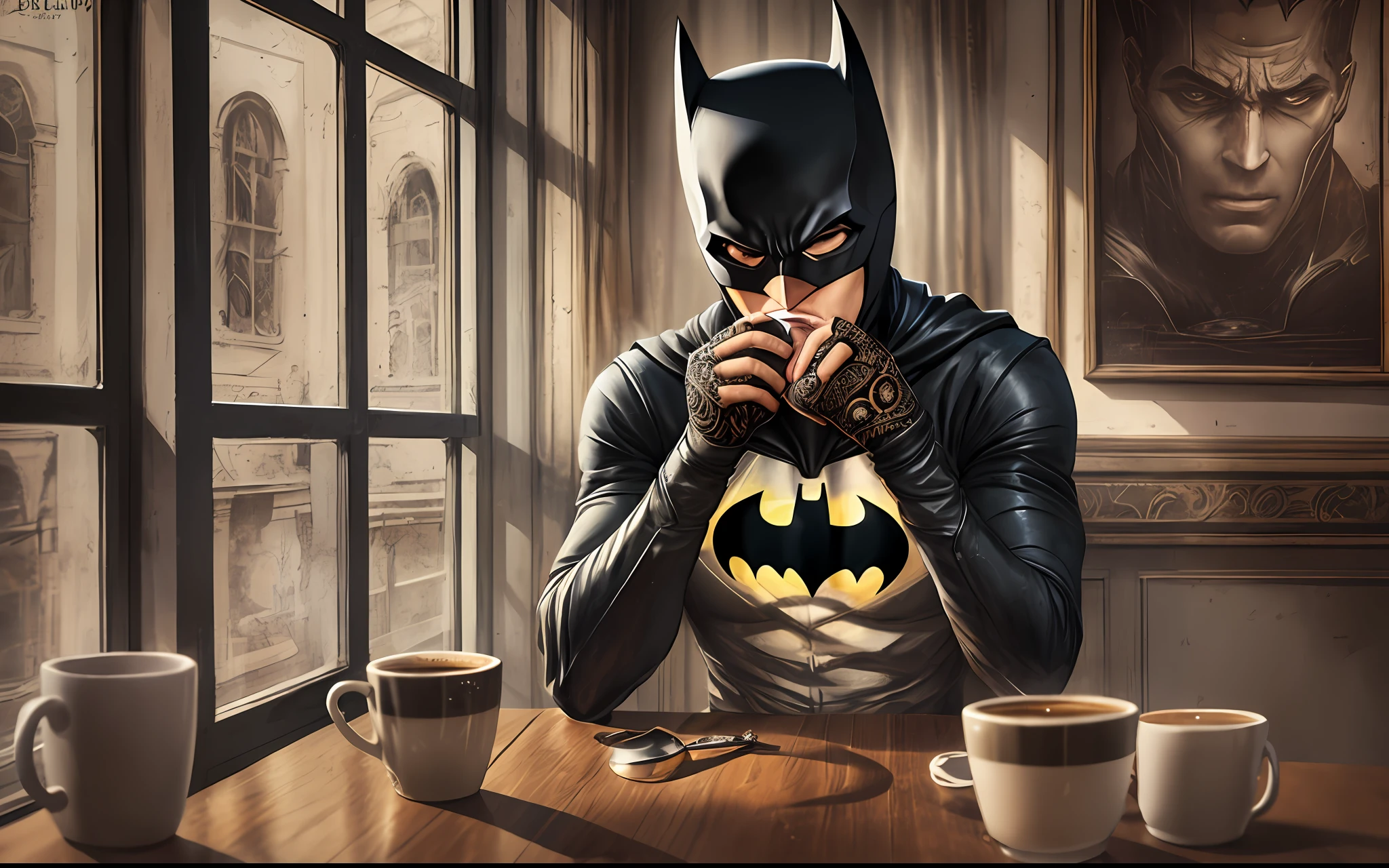 1batman drinking coffee in modern cafe, realistic face, realistic eyes, (dark shot:1.22), neutral colors, (hdr:1.4), (muted colors:1.4), (intricate), hyperdetailed, dramatic, intricate details, (technicolor:0.9), (rutkowski:0.8), cinematic, detailed, (intricate details:1.12), hdr, (intricate details, hyperdetailed:1.15)