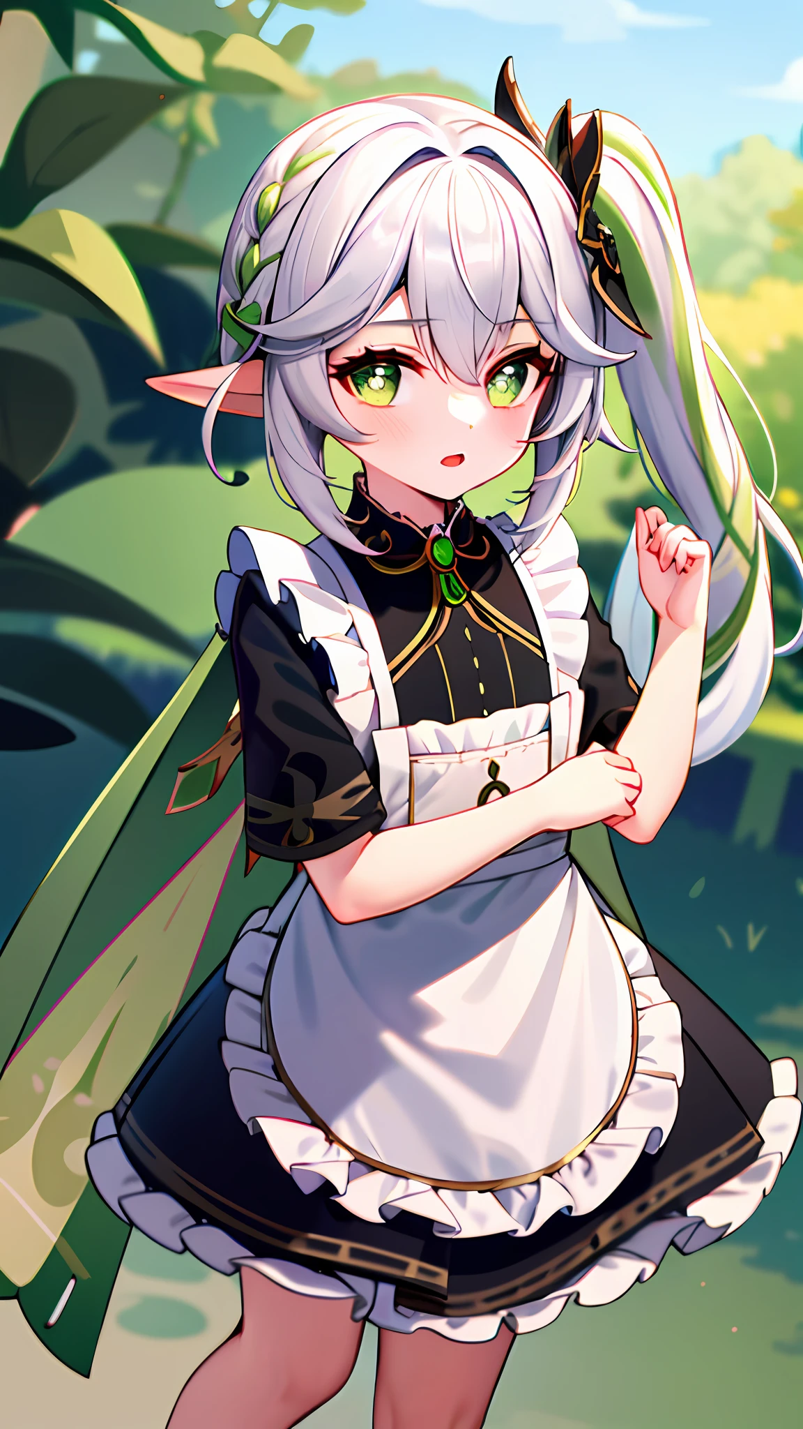 masterpiece, best quality, 1girl, solo, nahida_genshin, cross-shaped pupils, maid outfit, green cape, standing, highres,