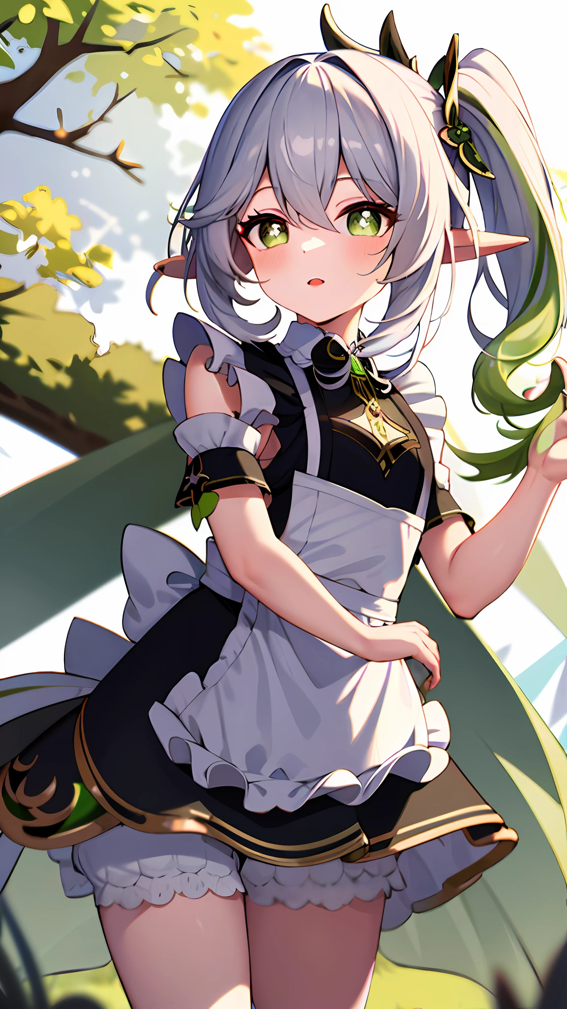 masterpiece, best quality, 1girl, solo, nahida_genshin, cross-shaped pupils, maid outfit, green cape, standing, highres,