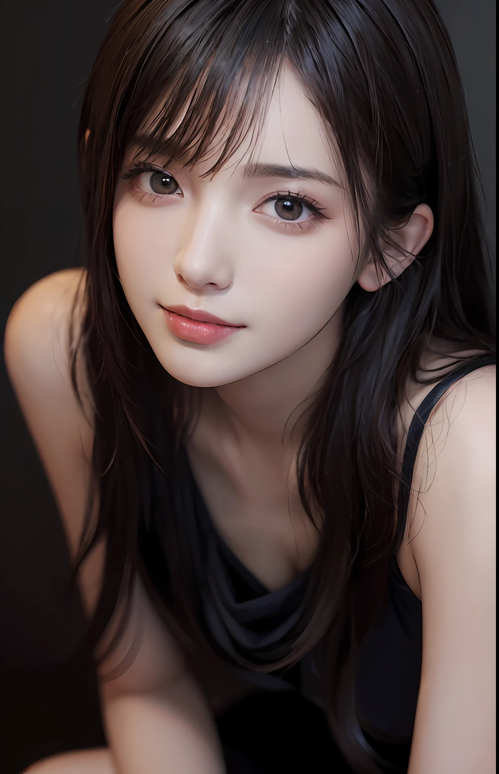 (Ultra Realistic), (Illustration), (High Resolution), (8K), (Very Detailed), (Best Illustration), (Beautiful and Detailed Eyes), (Best Quality), (Ultra Detailed), (Masterpiece), (Wallpaper), (Detailed Face), Solo, One Girl, Viewer, Fine Detail, Detailed Face, In the Dark, Deep Shadows, Low Key, pureerosfaceace_v1, Smile, Long Hair, Black shawl straight hair, 46-point diagonal bangs, full body, legs open