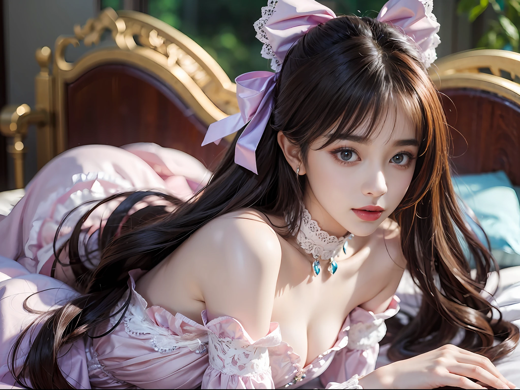 ((realistic illumination,top-quality,8K,tmasterpiece:1.3)),Clear focus:1.2,1womanl,Perfect beauty:1.4,Yushuxin,1girll,shift dresses,独奏,brunette color hair,jewely,long whitr hair,耳Nipple Ring,Bow knot,Purple skirt,Lying in bed,exposed bare shoulders,Airless Gainsboro,long skirt,Hair Bow,ln the forest,Purple bow,No shoulder strap,standing on your feet,choker necklace,tilt of the head,Chapped lips,wavey hair,straplessdress,Lace sleeves,Cetacine dress,Close up woman posing in white nightdress posing for photo,Beautiful virgin,beautiful Korean women,uma linda princesa,cute elegant pose,Bell Delfinn,Wearing a purple dress,beautiful fantasy maiden,Anime princess,beautiful and seductive anime woman,Beautiful Asian Girls,attractive anime girls,elegant glamourous cosplay,(Lie down in bed:1.8),(Beautiful sphere articulated doll:1.3),Luxurious princess dress