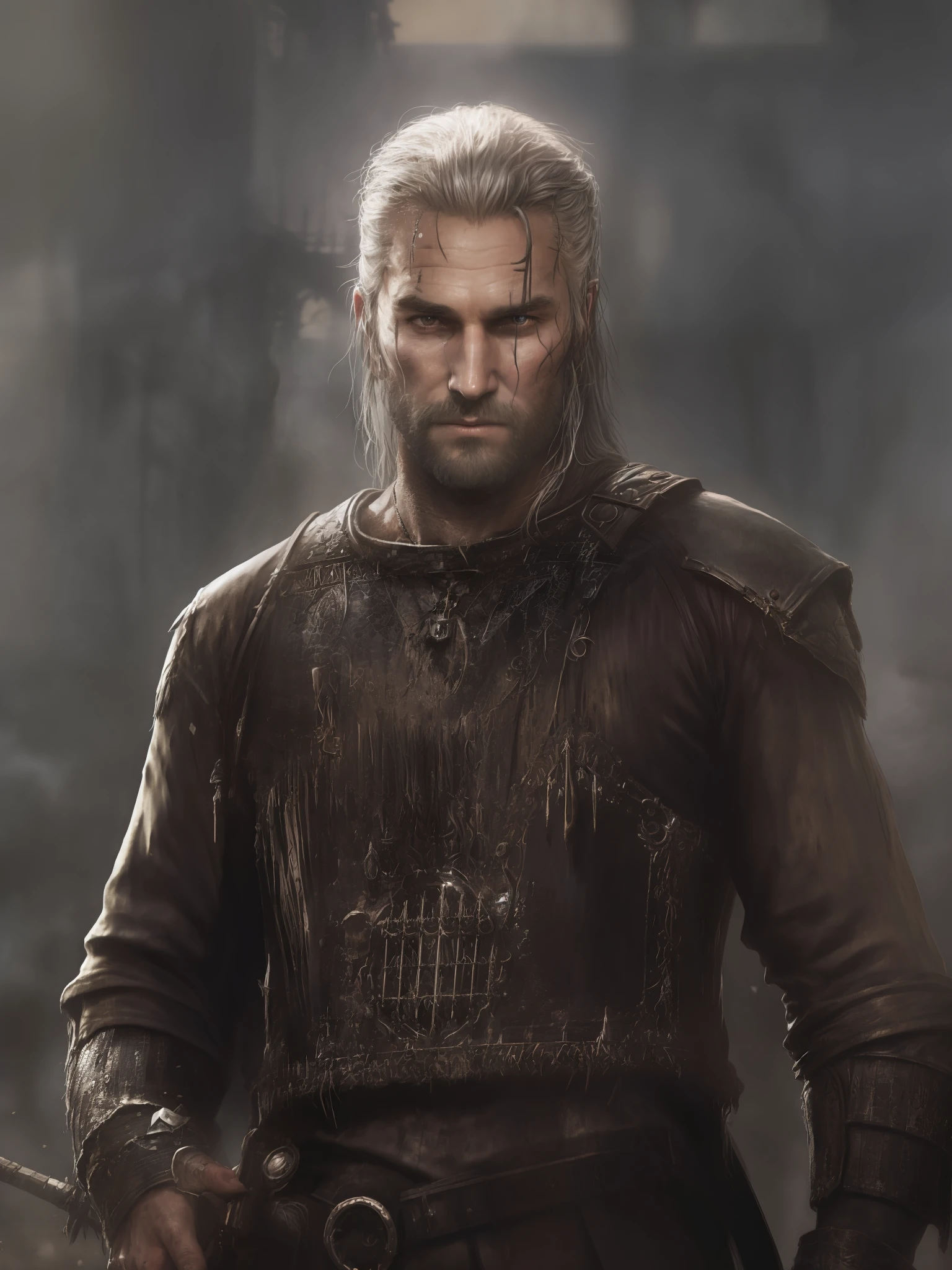 An actor Clive Standen as Geralt of Rivia, with a sword and a white shirt, the witcher concept art, epic portrait of menacing, character portrait art, painted character portrait, detailed character portrait, character art portrait, fantasy genre portrait, fantasy character portrait, character - portrait, epic character portrait, rpg portrait concept art,  The witcher 3, realistically, dynamic lights, old, full footage, (extremely detailed 8k wallpaper of CG unit), trend in ArtStation, trend in CGSociety, high detail, sharp focus, dramatic, photorealistic