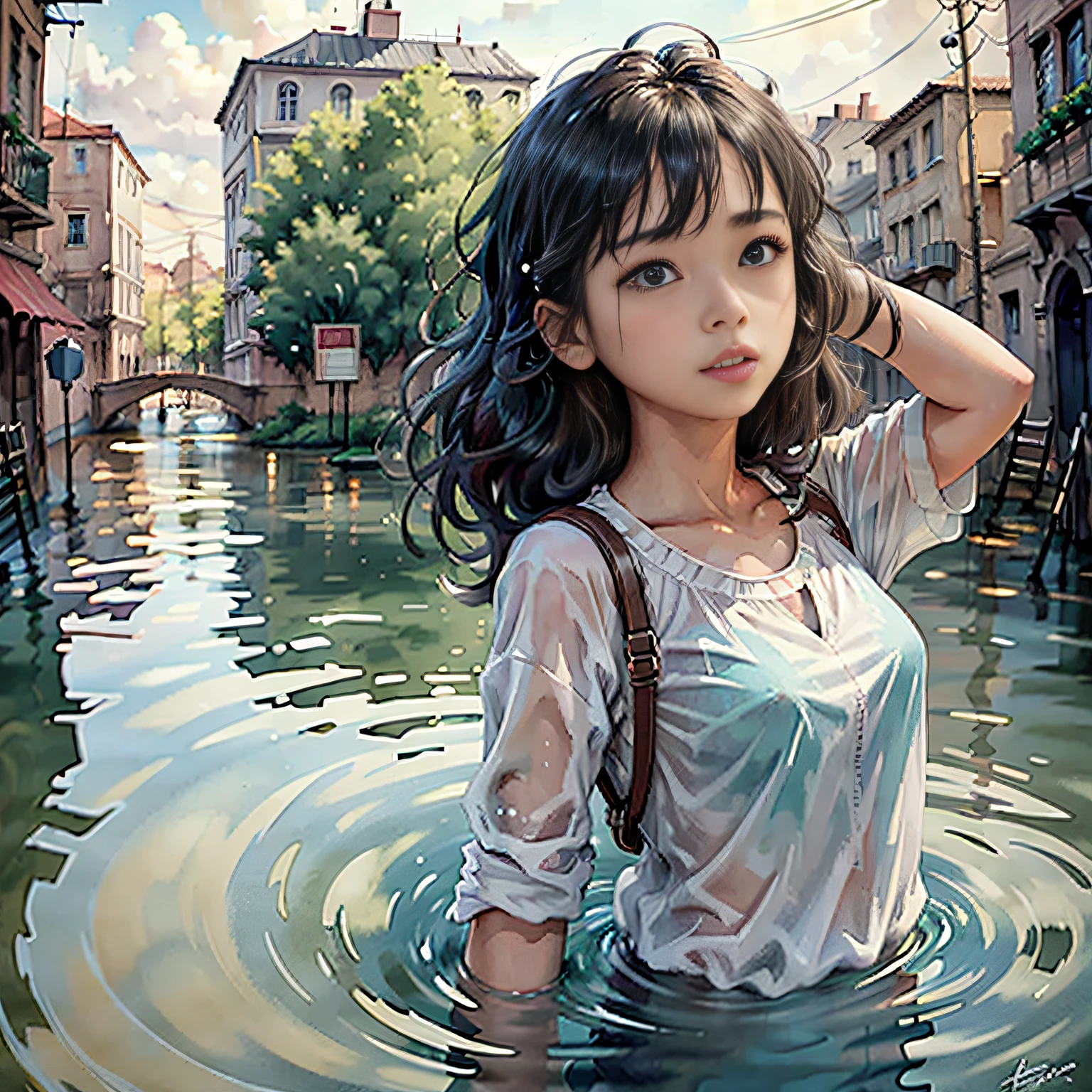 (masterpiece, best quality, beautiful art:1.4) of 1girl drowning in the flood, city background, digital art, trending on artstation, 4k, high detail, high-resolution, professional painting, ultra-detail, hdr, 4k uhd, 8k, unreal engine 5, cinematic, neon highlights, volumetric lighting, realistic shadows, reflections, unreal engine 5, cinematic wallpaper, 8k, romantic