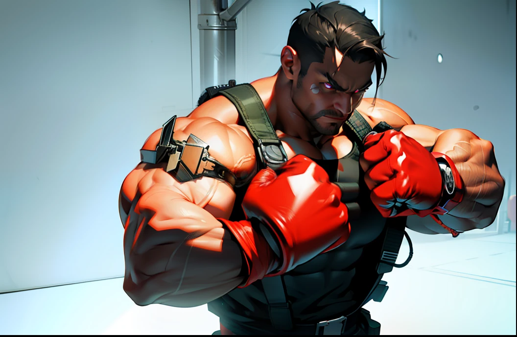 Create a muscular cyborg with eyes that glow red with boxing gloves and military cord in 3D resolution