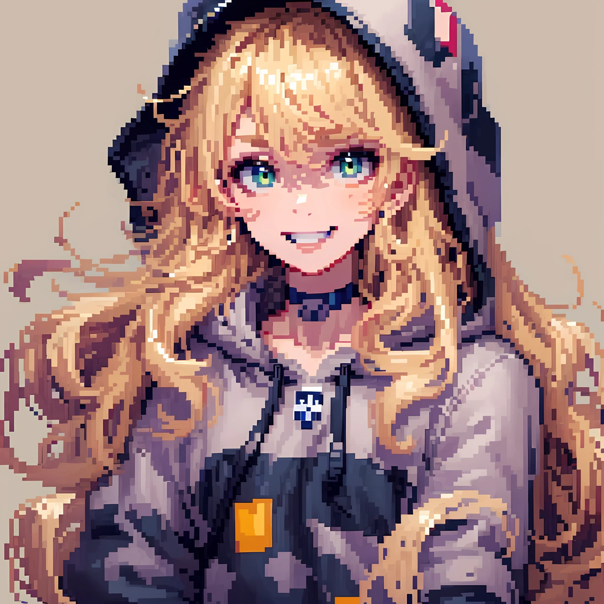 ((in the style of pixel art)), pixel, 4 bits pixel art, 1girl, close-up, face only, beige hair, blonde hair, green eyes, grin, choker, loose hoodie, black hoodie, hood, big hair, wavy hair, very long hair, pixel official art, absurd res, looking at viewer, solo focus, simple background, gray background