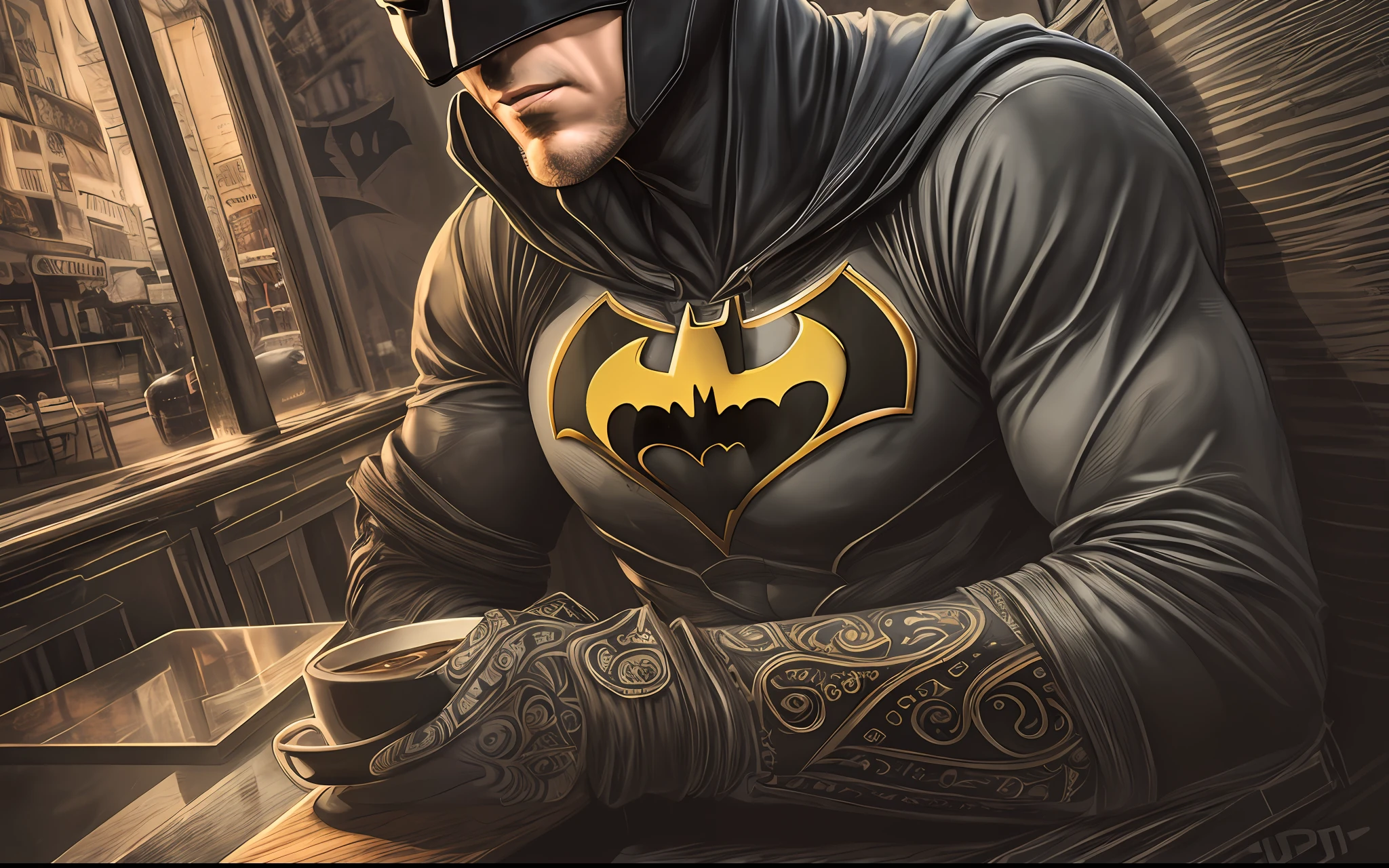 1batman drinking coffee in modern cafe, realistic face, realistic eyes, (dark shot:1.22), neutral colors, (hdr:1.4), (muted colors:1.4), (intricate), hyperdetailed, dramatic, intricate details, (technicolor:0.9), (rutkowski:0.8), cinematic, detailed, (intricate details:1.12), hdr, (intricate details, hyperdetailed:1.15)