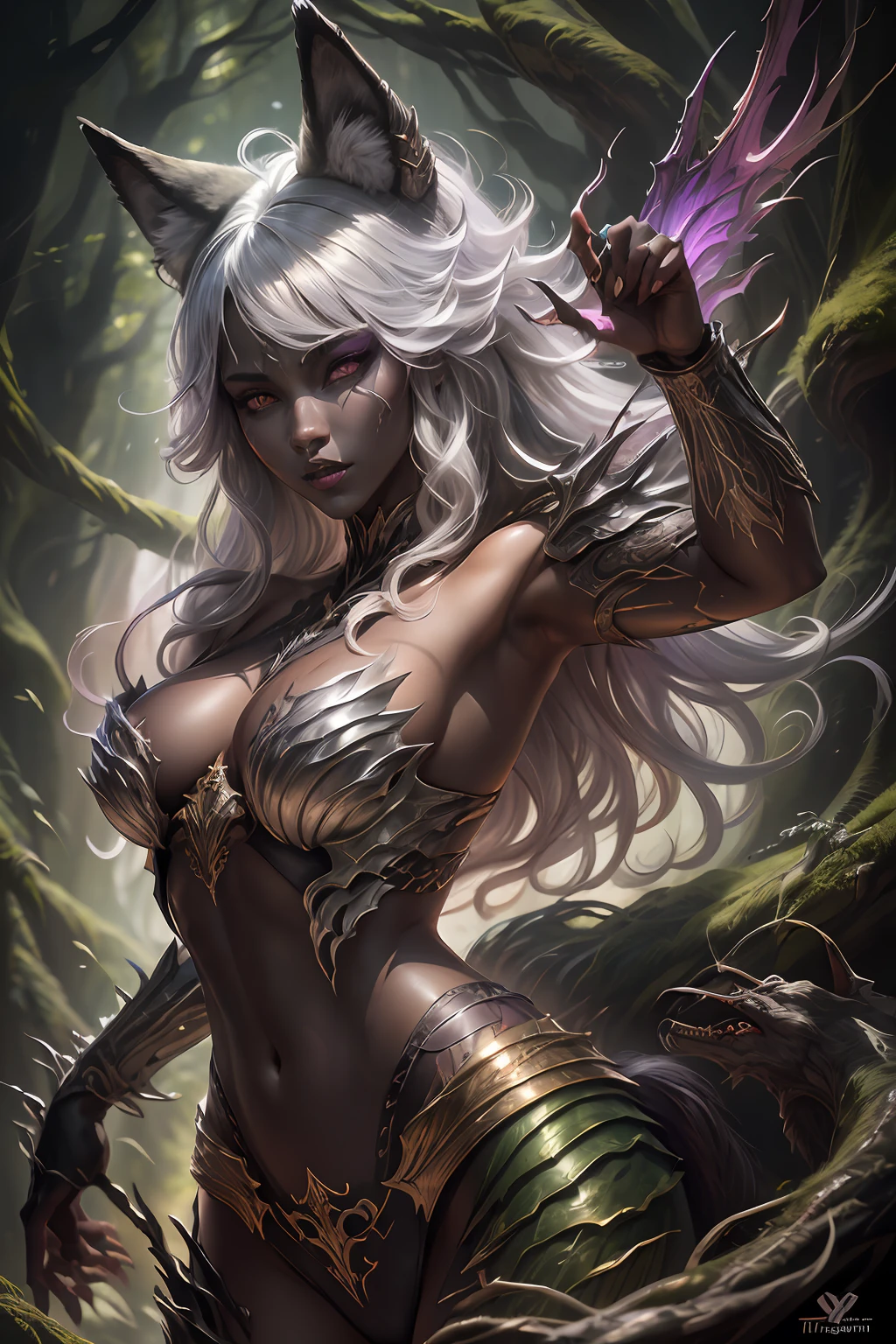 female body wolf, purple fur, long silver claws, arms outstretched, howl humain face, black skin, pink eyes, pink lips, prominent silver canine --auto --s2