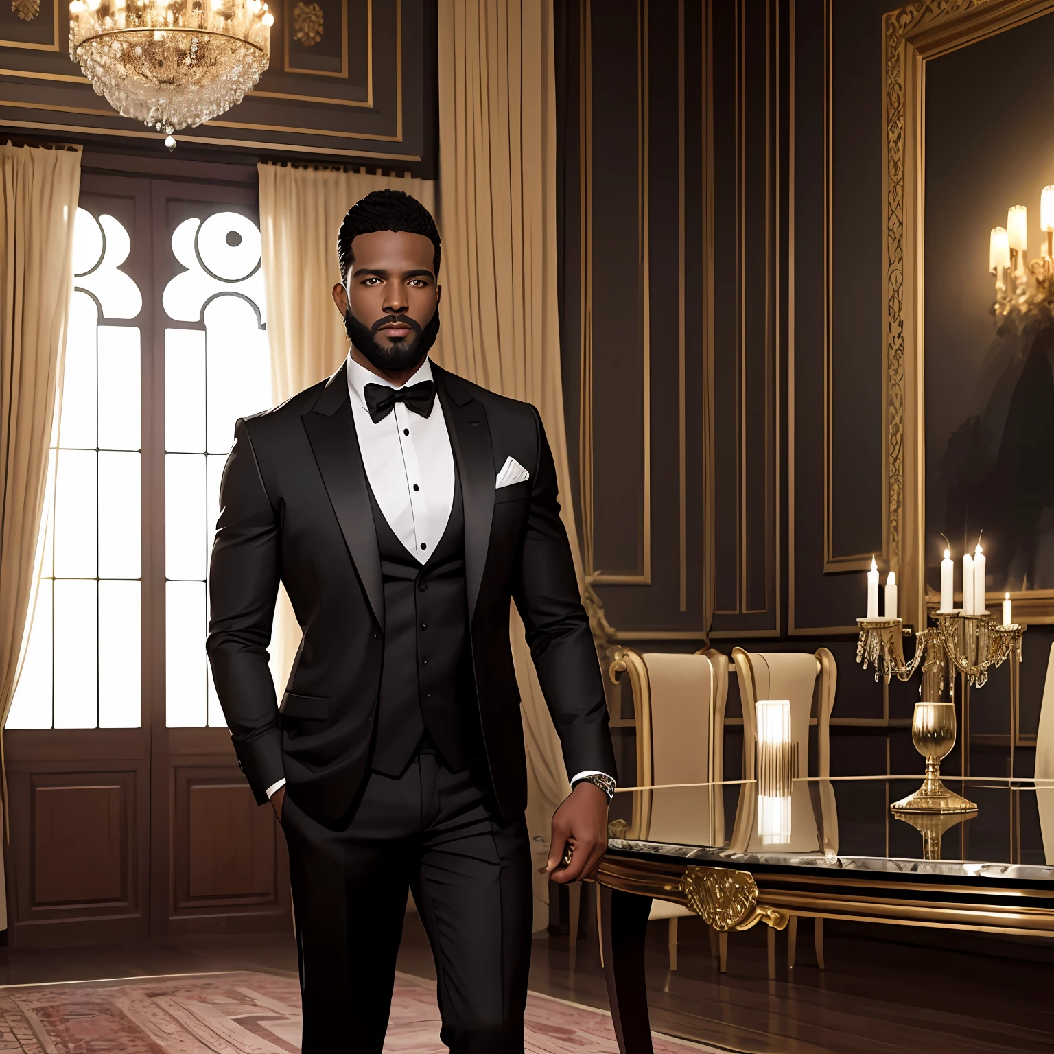 homem ????? de terno em um ambiente de luxo. The scenery is opulent and sophisticated, reflecting an atmosphere of elegance and high status. The walls are lined with dark wood paneling, and ornate gold details adorn the space.
Man is at the center of the image, standing out with its imposing and charming presence. Ele veste um terno sob medida, de cor escura, que se ajusta perfeitamente ao seu corpo, transmitindo um senso de refinamento e bom gosto. A camisa branca e a gravata, bem amarrada, complementam o look elegante.
Your hair is carefully combed, and the trimmed beard adds a touch of sophistication to his appearance. His face displays a serene and confident expression, revealing a man who is sure of himself and comfortable in the luxurious environment in which he finds himself.
Ao seu redor, podemos ver elementos que enfatizam a riqueza do ambiente, como lustres suntuosos, heavy curtains and elegant, well-crafted furniture. Perhaps a marble table or a Persian rug are present, adding even more refinement to the space.
The lighting in the photograph is strategically designed to highlight the black man in the suit, creating a play of light and shadow that enhances his figure and accentuates his charismatic presence. --auto