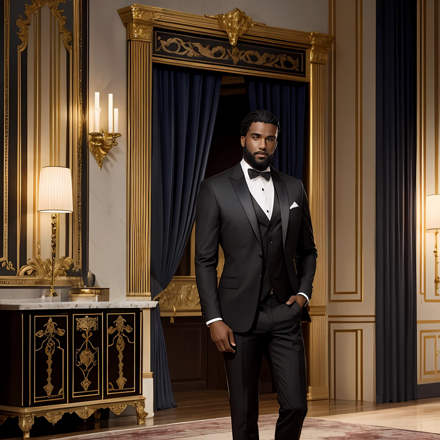 homem negro de terno em um ambiente de luxo. The scenery is opulent and sophisticated, reflecting an atmosphere of elegance and high status. The walls are lined with dark wood paneling, and ornate gold details adorn the space.

Man is at the center of the image, standing out with its imposing and charming presence. Ele veste um terno sob medida, de cor escura, que se ajusta perfeitamente ao seu corpo, transmitindo um senso de refinamento e bom gosto. A camisa branca e a gravata, bem amarrada, complementam o look elegante.

Your hair is carefully combed, and the trimmed beard adds a touch of sophistication to his appearance. His face displays a serene and confident expression, revealing a man who is sure of himself and comfortable in the luxurious environment in which he finds himself.

Ao seu redor, podemos ver elementos que enfatizam a riqueza do ambiente, como lustres suntuosos, heavy curtains and elegant, well-crafted furniture. Perhaps a marble table or a Persian rug are present, adding even more refinement to the space.

The lighting in the photograph is strategically designed to highlight the black man in the suit, creating a play of light and shadow that enhances his figure and accentuates his charismatic presence. --auto