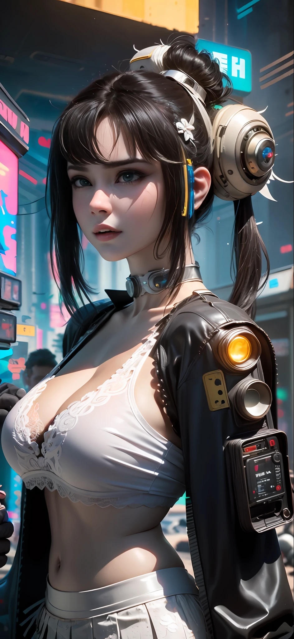 ((Best quality)), ((masterpiece)), (highly detailed:1.3), 3D, beautiful, (cyberpunk:1.6), in space, nebula, (holding_weapon:1.3), laser, (1Female mecha:1.3), sexy body, facing the audience, Glowing eyes, full body, (flying, swooping down, dynamic, motion blur: 1.4), (huge mech wings: 1.6), looking up, glowing_eyes, mecha, panorama, background is earth, nebula, space, particles, Reality, HDR (High Dynamic Range), Ray Tracing, NVIDIA RTX, Super Resolution, Unreal 5, Subsurface Scattering, PBR Textures, Post Processing, Anisotropic Filtering, Depth of Field, Maximum Clarity and Clarity, Multilayer Textures, Albedo and Specular maps, Surface shading, accurate simulation of light-material interaction, perfect proportions, Octane Render, two-tone lighting, large aperture, low ISO, white balance, rule of thirds, 8K RAW, efficient sub-pixel, sub-pixel volume product, (best quality),(Japanese:0.5),(korean:0.8), (Liu Yi Fei:1.5) long hair, (big breast:1.2),(underboob:1.5), (white transparent lace mini skirt:1.5)