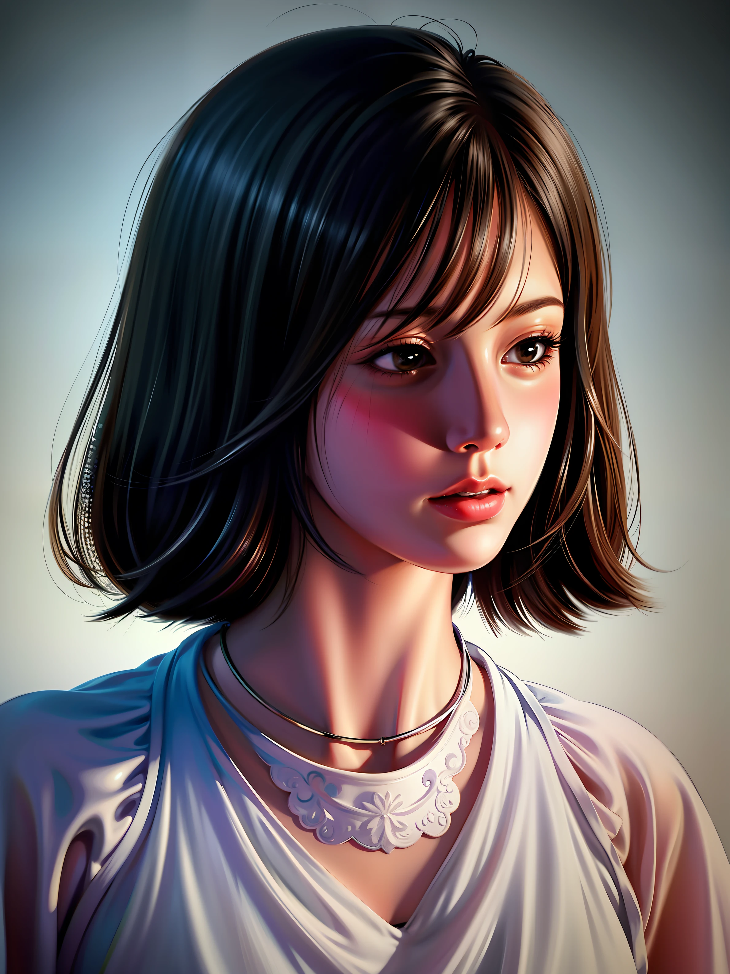 masterpiece, best quality, realistic, 1woman, long hair, broad shoulders, small head, portrait, (white background:1.3), closed mouth
