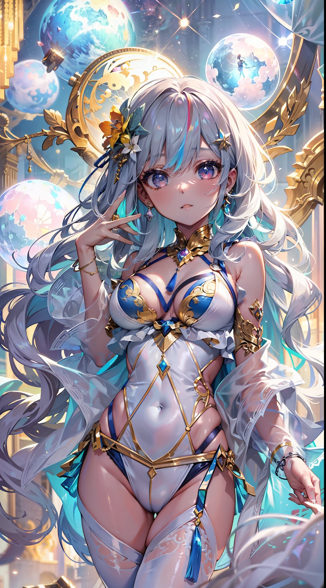 ((Masterpiece)), best quality, absurderes, ultra detailed, 8k, dynamic pose, super complex details, intricate details, holographic, cowboy shot, golden ratio, super cute girl, neon aura, delicate and beautiful face, mature girl, super beautiful asian girl with super beautiful glowing eyes, super beautiful glowing multicolored hair, nice and sexy body, slim body, perfect body, wearing magical lingerie, celestial hair ornament, in a marshmallow world