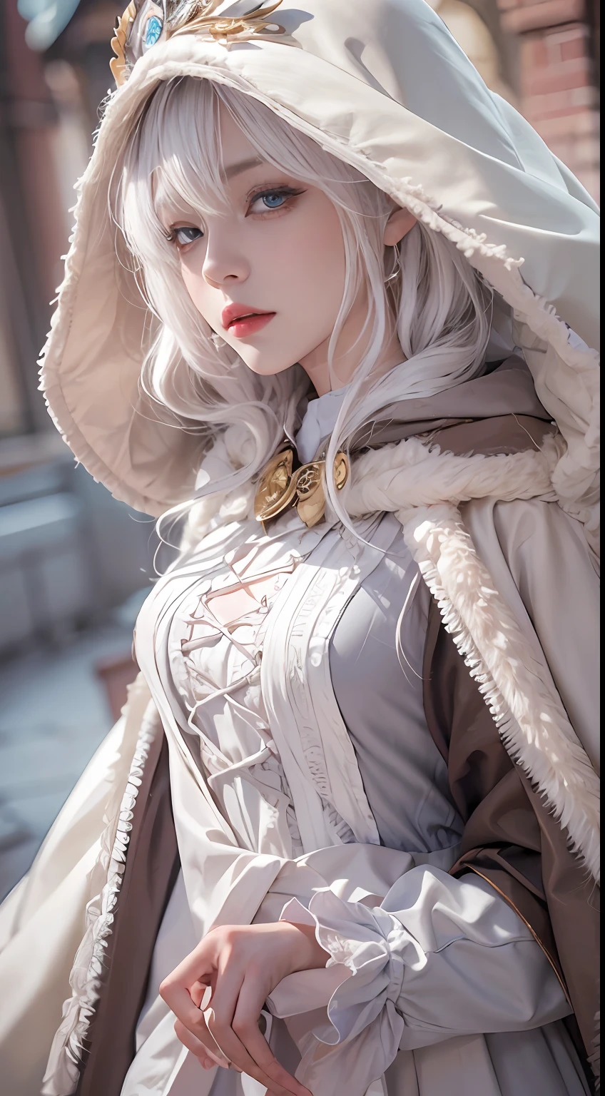 Photorealistic, high resolution, 1 Women, Solo, Hips up,(Lolita costume)， Beautiful eyes, White hair, ringed eyes, (Oyuki，Cloak，)