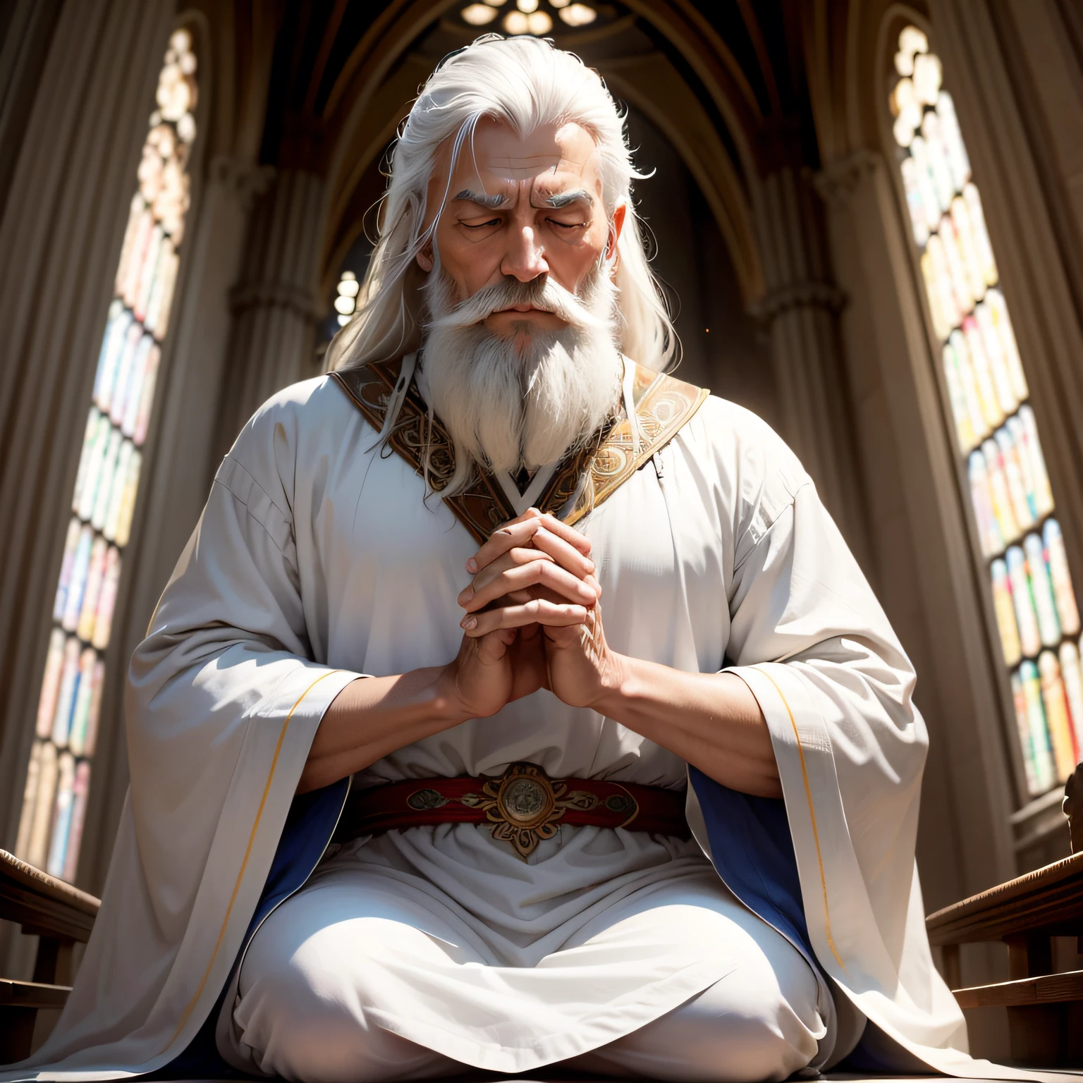 Visualize um homem de aproximadamente 70 anos de idade, com cabelos longos e barba branca, with a simple tunic, ajoelhado em uma catedral majestosa. With hands clasped in front of his face, He closes his eyes and gives himself fully to prayer, emanating a sense of peace and deep spiritual connection. --auto