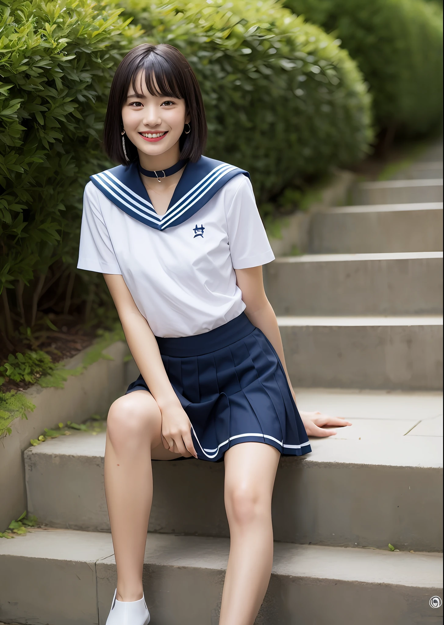 1girl, bangs, black_choker, black_hair, blue_sailor_collar, blue_skirt, bush, choker, collarbone, day, earrings, flower, jewelry, lips, looking_at_viewer, outdoors, plant, pleated_skirt, ted_plant, road, sailor_collar, school_uniform, serafuku, shirt, short_hair, short_sleeves, sitting, skirt, smile, solo, stairs,