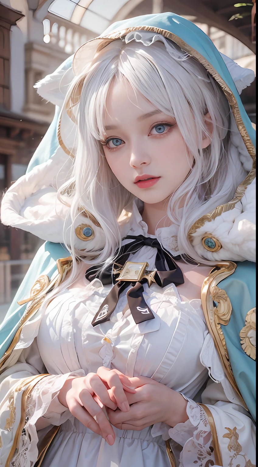 Photorealistic, high resolution, 1 Women, Solo, Hips up,(Lolita costume)， Beautiful eyes, White hair, ringed eyes, (yuki，Cloak，)