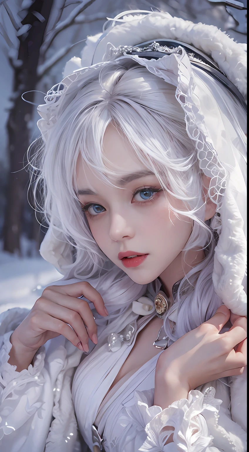 Photorealistic, high resolution, 1 Women, Solo, Hips up,(ta costume), Beautiful eyes, White hair, ringed eyes, (Sit,Cloak,),snowfield,