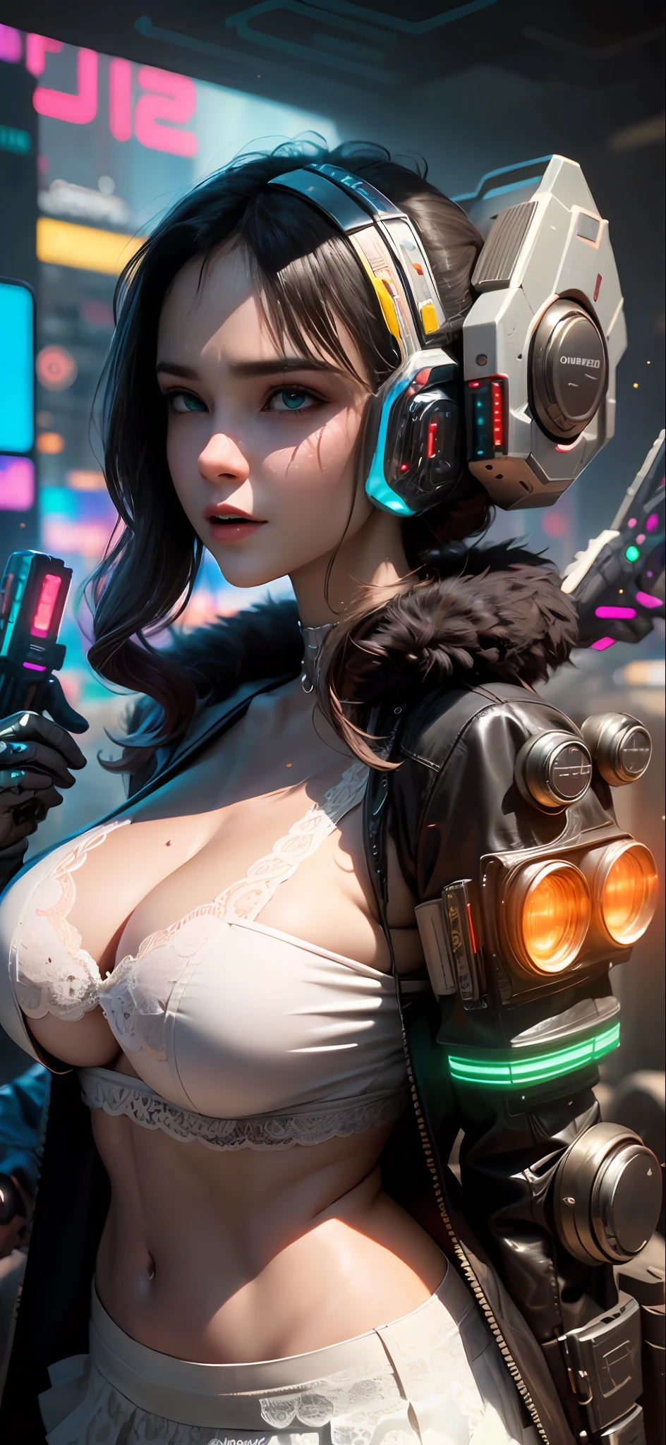 ((Best quality)), ((masterpiece)), (highly detailed:1.3), 3D, beautiful, (cyberpunk:1.6), in space, nebula, (holding_weapon:1.3), laser, (1Female mecha:1.3), sexy body, facing the audience, Glowing eyes, full body, (flying, swooping down, dynamic, motion blur: 1.4), (huge mech wings: 1.6), looking up, glowing_eyes, mecha, panorama, background is earth, nebula, space, particles, Reality, HDR (High Dynamic Range), Ray Tracing, NVIDIA RTX, Super Resolution, Unreal 5, Subsurface Scattering, PBR Textures, Post Processing, Anisotropic Filtering, Depth of Field, Maximum Clarity and Clarity, Multilayer Textures, Albedo and Specular maps, Surface shading, accurate simulation of light-material interaction, perfect proportions, Octane Render, two-tone lighting, large aperture, low ISO, white balance, rule of thirds, 8K RAW, efficient sub-pixel, sub-pixel volume product,  (best quality),long hair, (big breast:1.2),(underboob:1.5), (white transparent lace mini skirt:1.5)