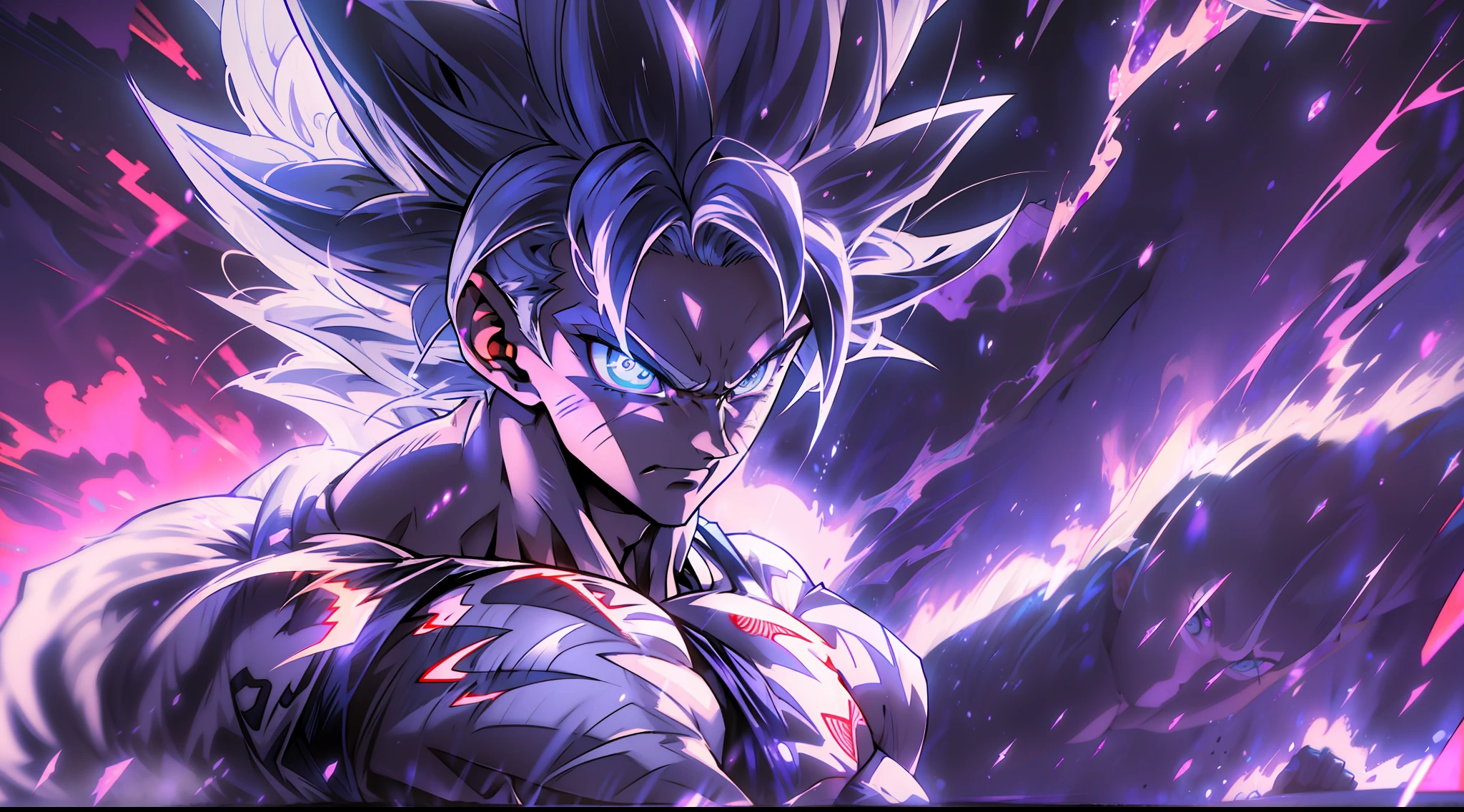 Son Goku transforming into Ultra Instinct surrounded by Violet Aura and lightning full body shot, 4k, Silver Hair, Silver Pupils, high details, epic, cinematic