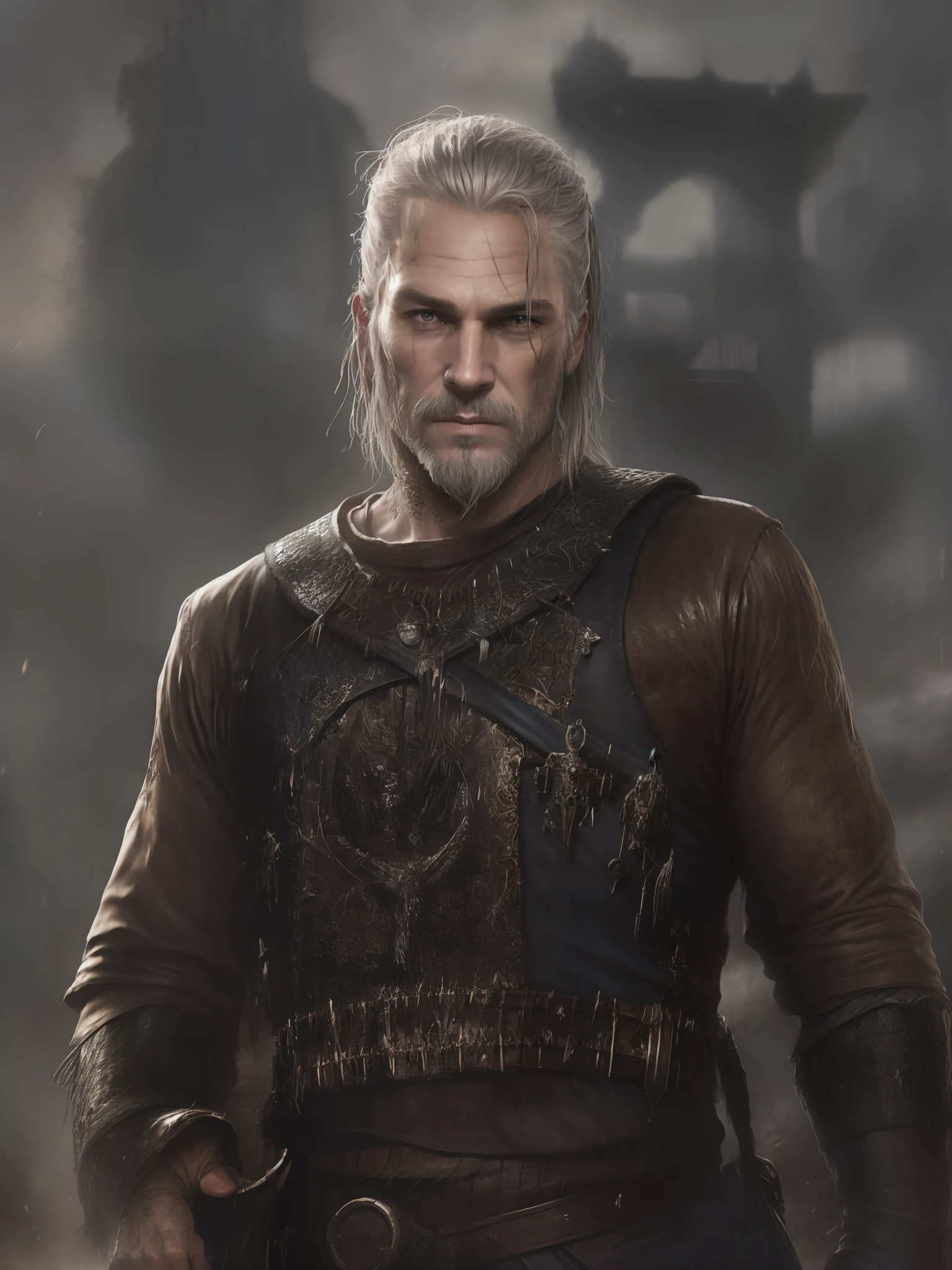 An actor Travis Fimmel as Geralt of Rivia, with a sword and a white shirt, the witcher concept art, epic portrait of menacing, character portrait art, painted character portrait, detailed character portrait, character art portrait, fantasy genre portrait, fantasy character portrait, character - portrait, epic character portrait, rpg portrait concept art, The witcher 3, realistically, dynamic lights, old, full footage, (extremely detailed 8k wallpaper of CG unit), trend in ArtStation, trend in CGSociety, high detail, sharp focus, dramatic, photorealistic
