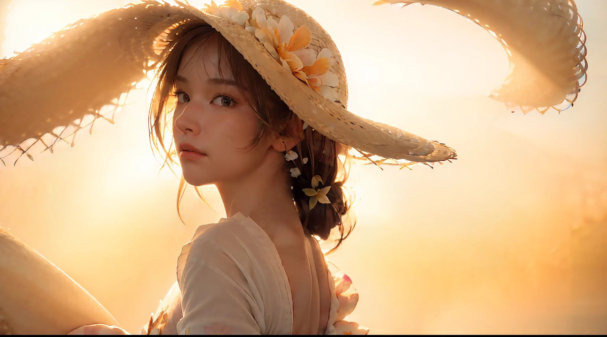 (extreme close up:1.5), (face focus:2),(Style of ???? ???:1.5),
((side face:2)),(1girl surrounded by soft_light:1.5), (backlighting:1.8), (lighting),(flowing fabric:1.3), ((Floral_summer_dress:1.5),(Straw_hat:1.3)),
(masterpiece), realistic, HDR, highly detailed, 8k, raw photo,
ambient occlusion, natural, harmonious composition, warm tones, fine art photography,