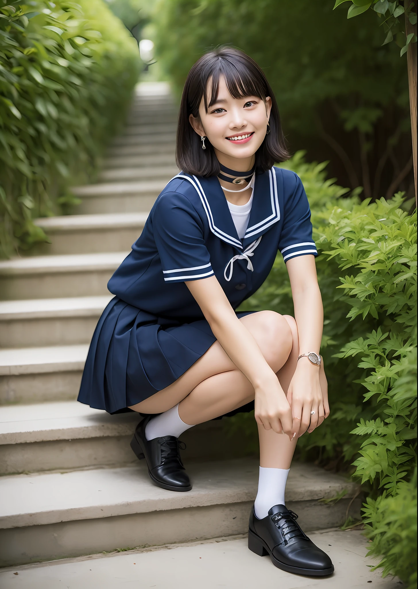 1girl, bangs, black_choker, black_hair, blue_sailor_collar, blue_skirt, bush, choker, collarbone, day, earrings, flower, jewelry, lips, looking_at_viewer, outdoors, plant, pleated_skirt, potted_plant, road, sailor_collar, school_uniform, serafuku, shirt, short_hair, short_sleeves, sitting, skirt, smile, solo, stairs,