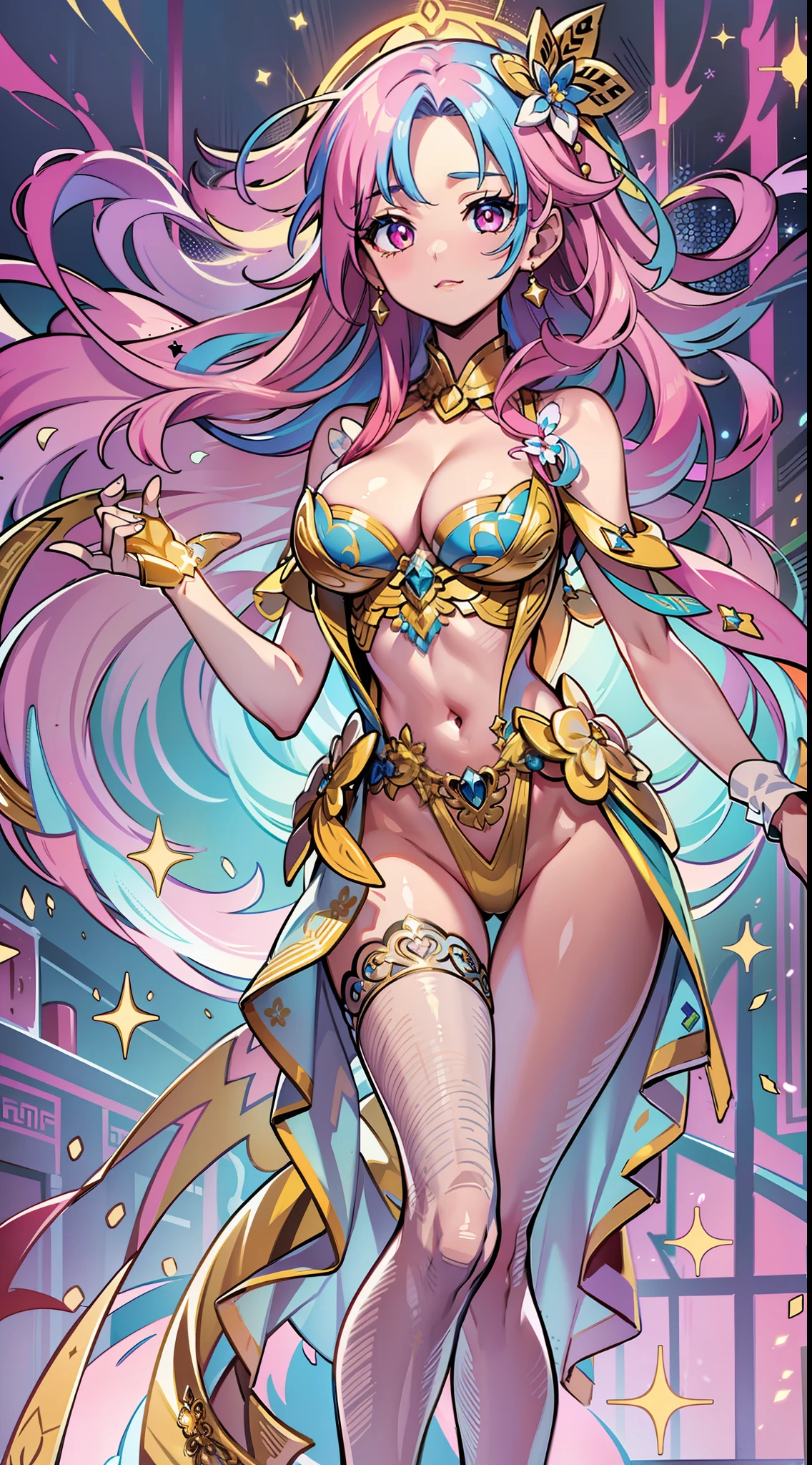 ((Masterpiece)), best quality, absurderes, ultra detailed, 8k, dynamic pose, super complex details, intricate details, holographic, cowboy shot, golden ratio, super cute girl, neon aura, delicate and beautiful face, mature girl, super beautiful asian girl with super beautiful glowing eyes, super beautiful glowing multicolored hair, nice and sexy body, slim body, perfect body, wearing magical lingerie, celestial hair ornament, in a marshmallow world