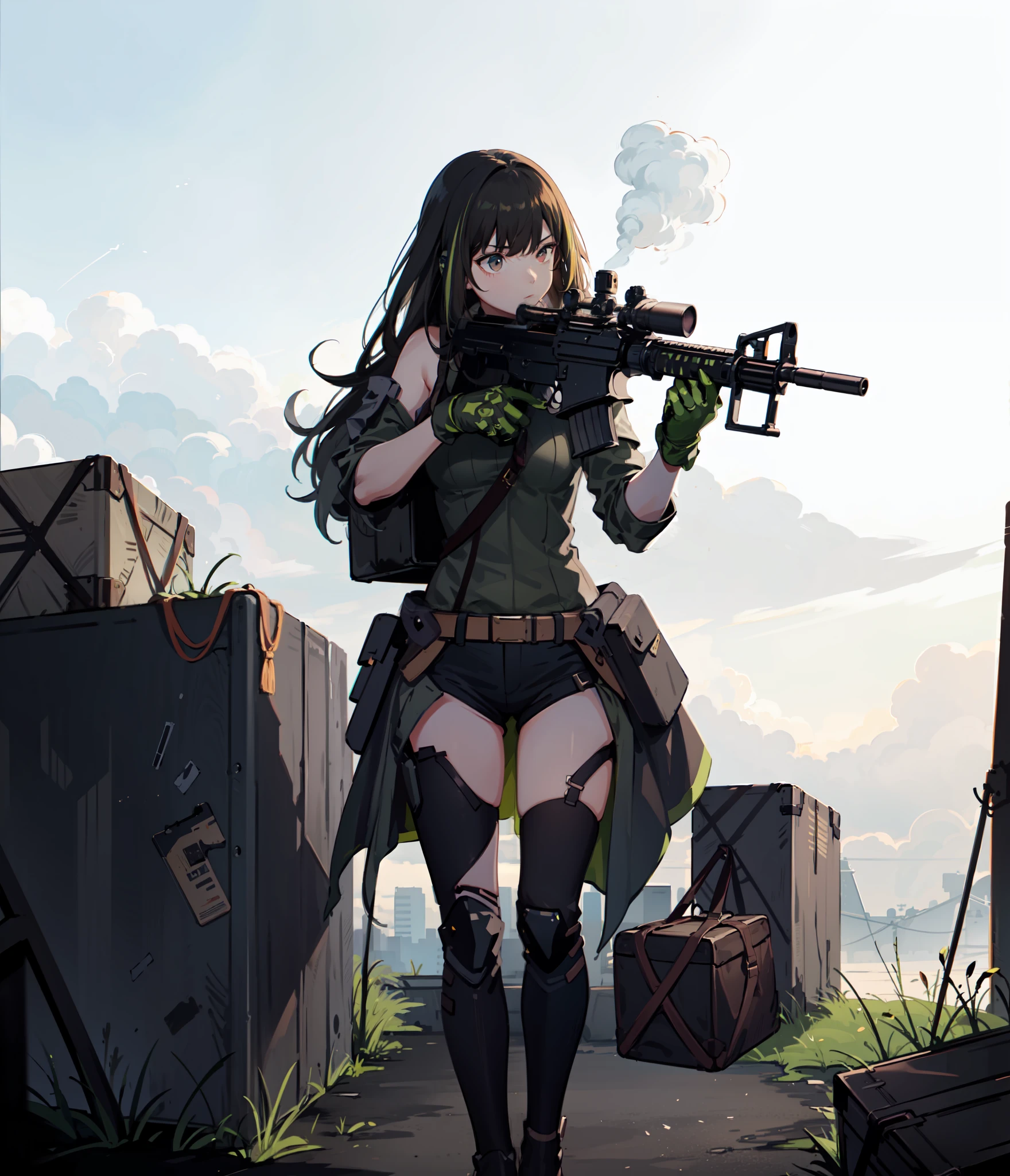 (masterpiece), (best quality), (ultra-detailed), (best illustration), (best shadow), highres 64k, professional artwork, famous artwork, clean, cinematic lighting, beautiful eyes + detail, beautiful hair + detail, ((1girl)), solo, rifle, operator, under heavy fire, hq 4k phone wallpaper, (girl aiming a rifle), girl is carrying a rifle, heavy fog at background, serious look