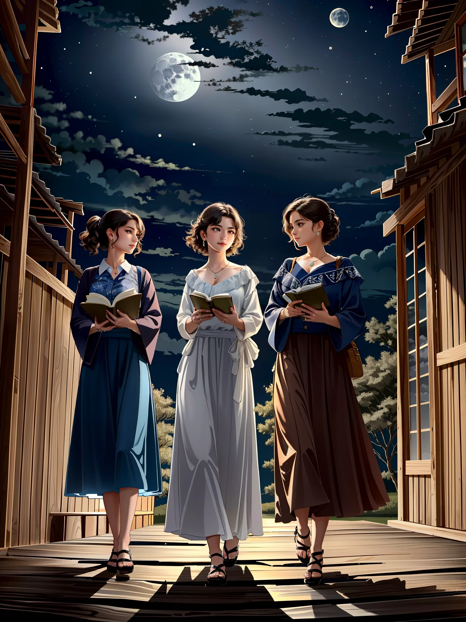 several young girls, 3meninas, livros, cabelo curto, rindo
Imagem 4K, uma mulher, seus cabelos penteados como uma noite cintilante de lua, Eyes reflecting the mysteries of the night sky. Vestida com um vestido feito de poeira estelar tecida, she stands in a tranquil landscape where moonlight bathes everything in a soft glow. A cena, sob a luz encantadora da lua, retratada no estilo de uma obra de arte noturna sonhadora.
obra-prima, melhor qualidade, Arte Oficial,