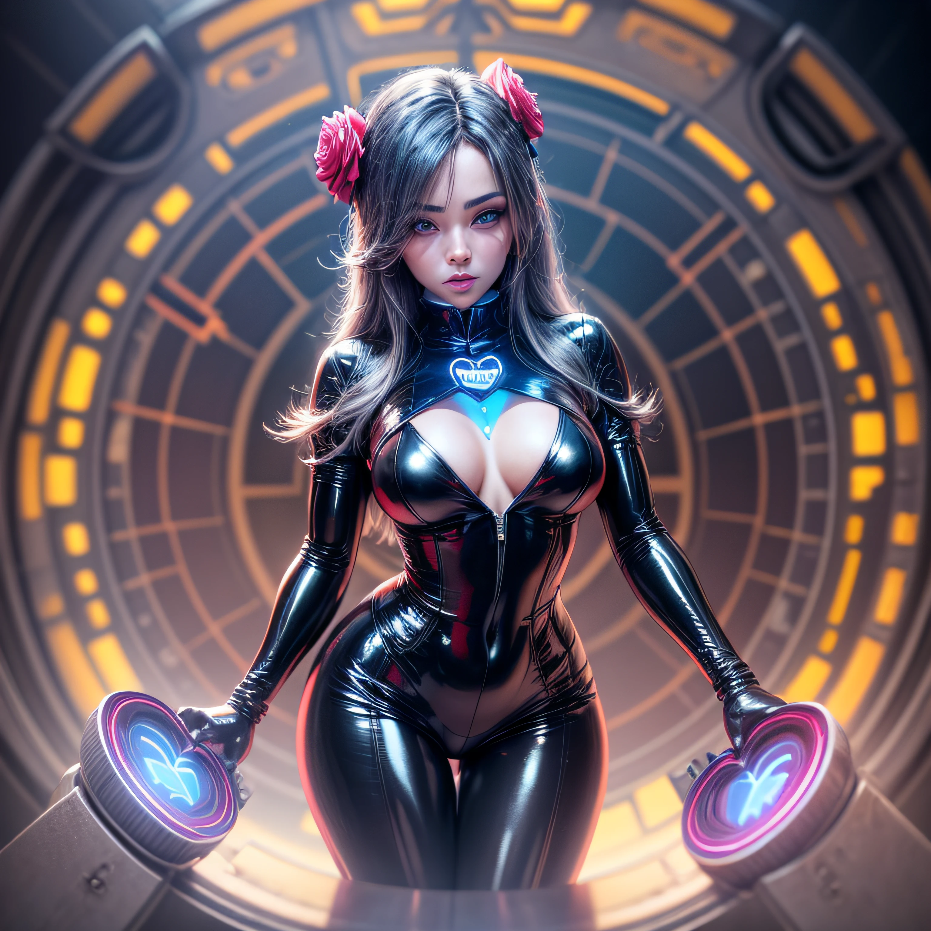 Beautiful black latex woman, olhos azuis, coberta com rosas vermelhas iluminadas, bright blue white glowing heart, visible from human, noite, Colouring, photography hyper-detailed cinematic hdr lighting, softbox lighting, Detalhe extremo, 8k, 3D-rendering, Hiper realista, NVIDIA,