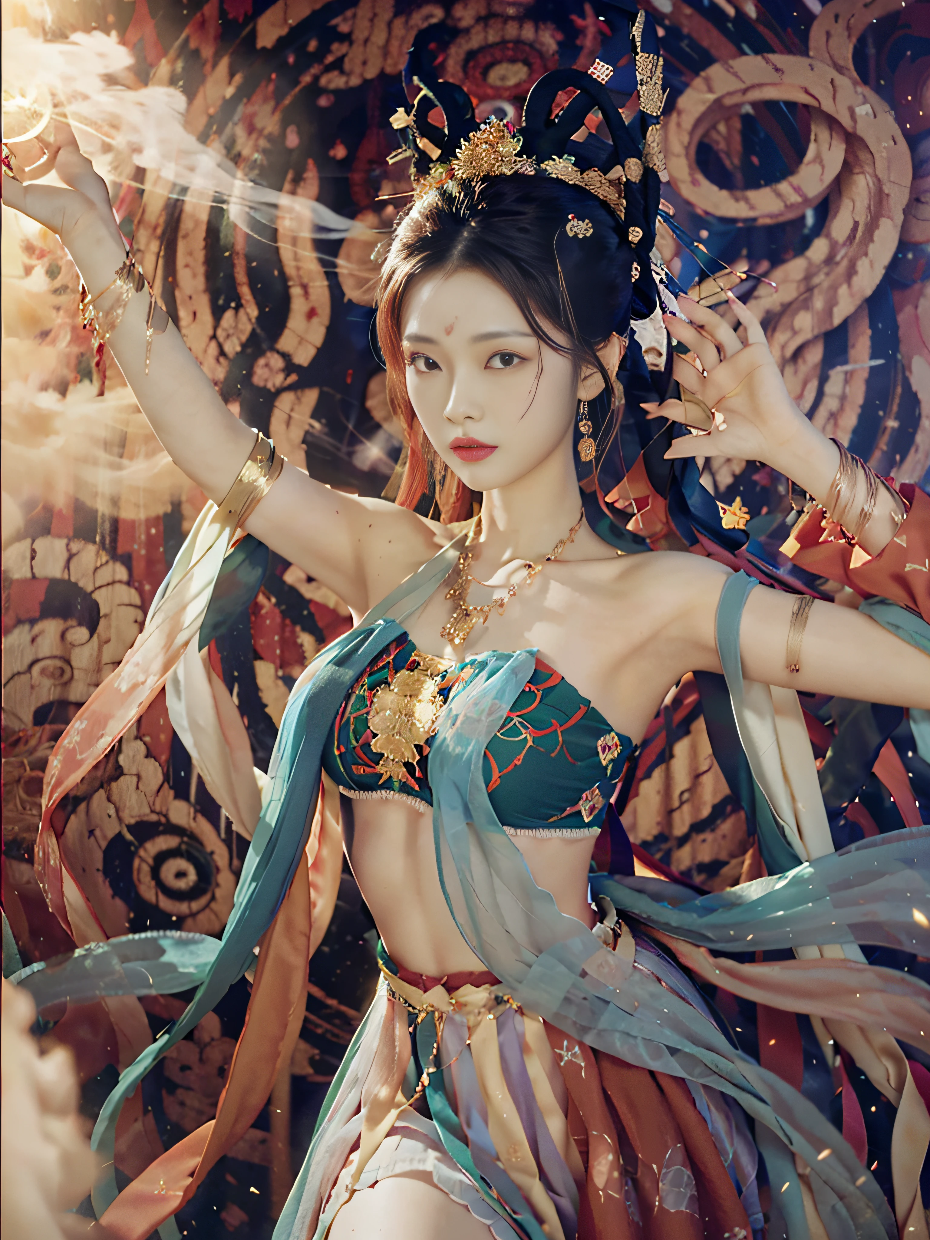 (8k, RAW photo, best quality, masterpiece: 1.2), (realistic, photorealistic photoreal: 1.4), (very detailed CG unity 8k wallpaper), (1 girl), dance, dunhuang_dress, dunhuang_style, dunhuang_background, arm up, gold jewelry, ancient Chinese hairstyle, tulle, streamers, light makeup, eyeshadow, eyebrow mole, (face), dynamic pose, Background smoke surrounding, red and green color scheme, petals flying, details, jewelry, earrings, bracelets, shoulders, complex textures, busts, guqin, pipa