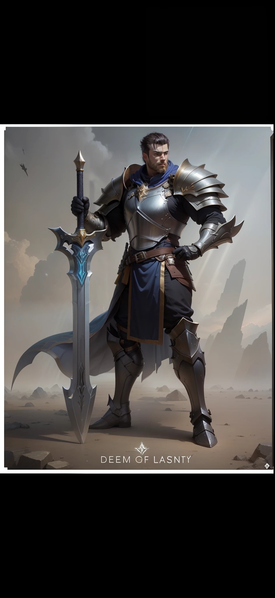 ((high quality)), ((masterpiece)), 8k, large shoulder pads, plate armor, Garen, League of Legends, demacia, 2 handed sword, giant sword light rays, extremely detailed CG unity 8k wallpaper, game cg, gloves, boots, full body, holding weapon, short hair, muscular build, holy sword coming from sky, massive pauldrons, massive sword