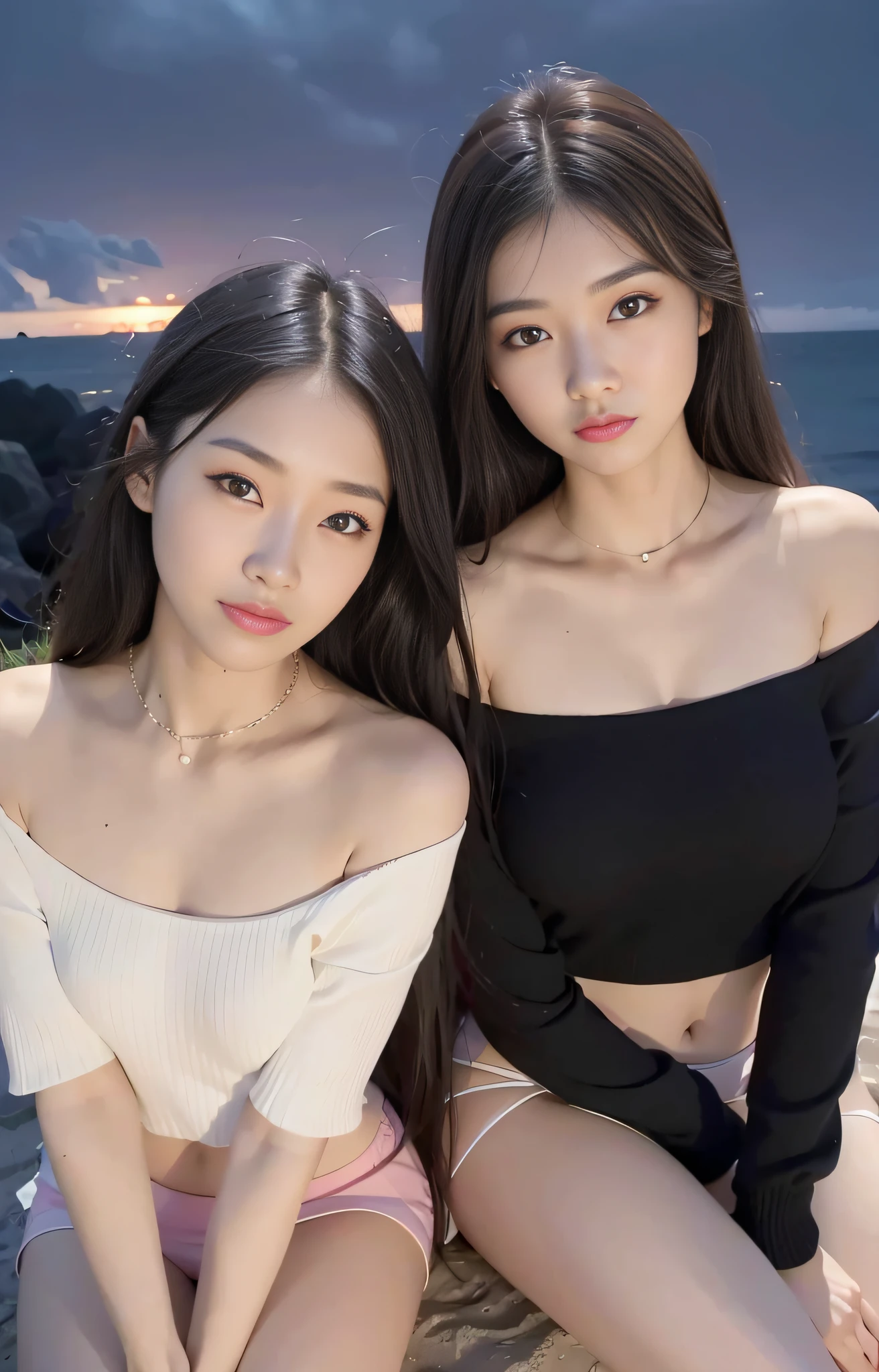 Two Asian women sitting on the beach,The background is sunset, ulzzangs, With black, trending at cgstation, Beautiful Gemini twins, Two girls, beautiful gemini twins portrait, trending on cgstation, with a twin, Gorgeous young Korean woman, 8k selfie photograph, smooth white tight clothes suit, inspired by Wang Duo, zmonzheng