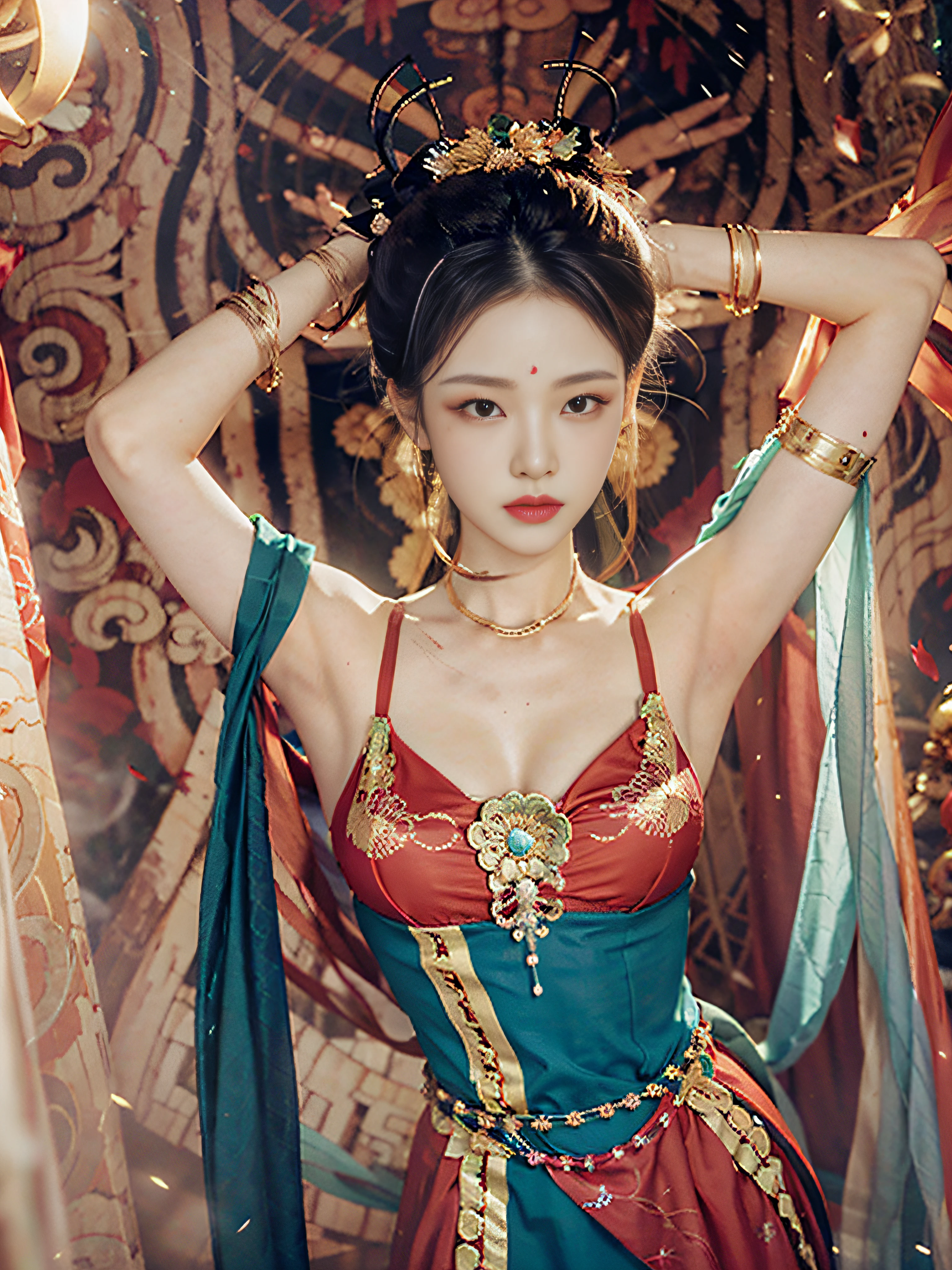 （8K，RAW photos，best qualtiy，tmasterpiece：1.2），（realisticlying，Photorealistic and realistic：1.4），（Very detailed CG unity 8K wallpaper），（1个Giant Breast Girl），Dance，dunhuang_dress，dunhuang_style，dunhuang_Background，Arms up，[[[on 1 hand only four fingers + 1 thumb]]], Gold ornaments，Ancient Chinese hairstyle，gossamer，Streamers，light make-up，eye shadows，Eyebrow nevi，（confront），dynamicposes，Background smoke surrounding，Red and green color scheme，Petals flying,the detail，jewelry，耳Nipple Ring，bangle，bshoulders，complex texture，Bust，Guqin，lute