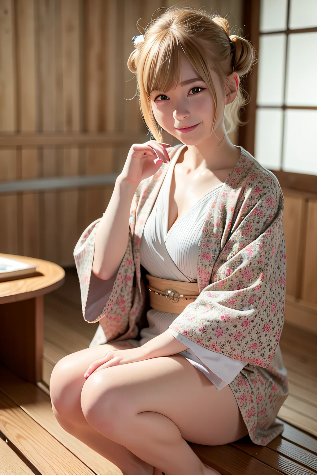Close up photo of a girl、shorth hair、blonde  hair、Wearing a kimono、Natural hot springs
、top-quality、realisitic、Photorealsitic、(intricate detailes:1.2)、(delicate detail)、(ciinematic light、best quality backlight)、Clear Line、foco nítido、lifelike face、Detailed face
Unity 8K Wallpapers、超A high resolution、(Photorealsitic:1.4)、looking at the viewers、embarrassing smile、Full body depiction