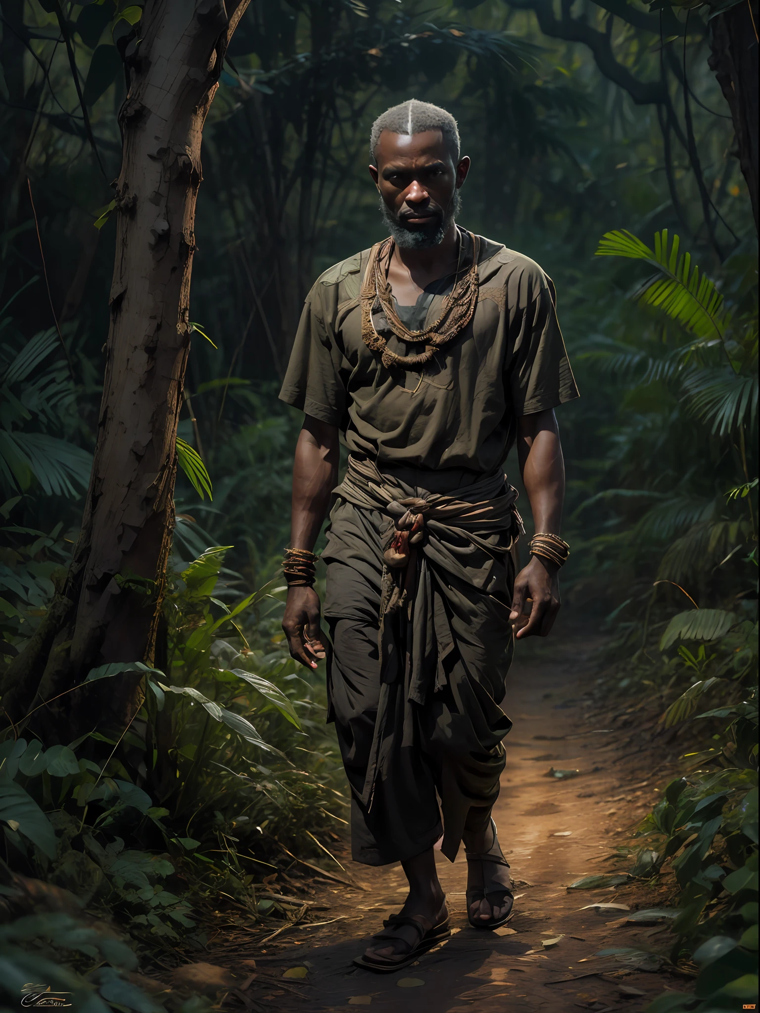 Deus masculino africano, Oxossi, walking at night in an African forest forest, de costas, roupas africanas, anatomia perfeita, de noite, octan render, Greg Rutkowski
