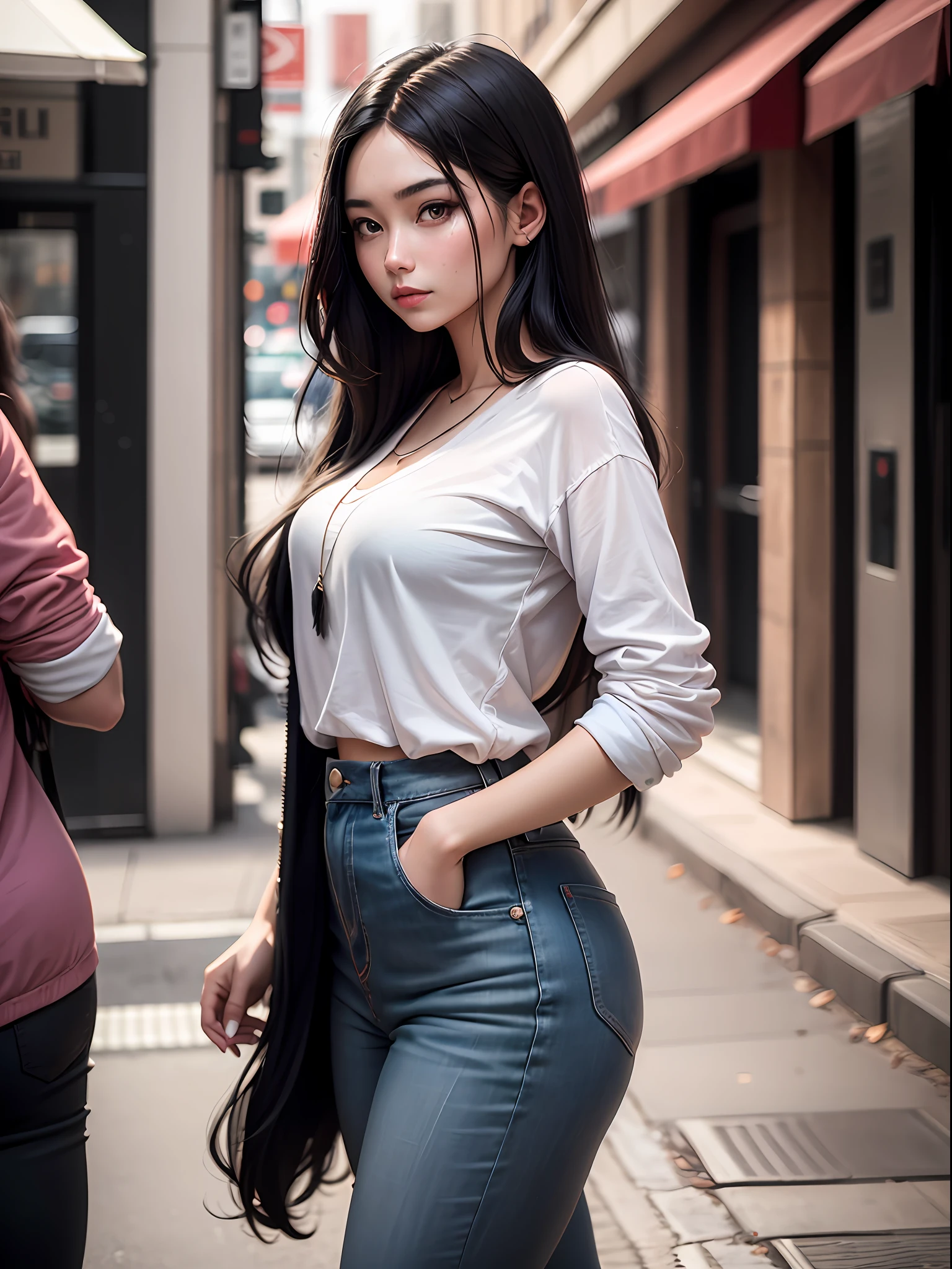 Young woman 25 years old: 1.3, Long black hair: 1.2, Casual wear: 1.2, Daytime: 1.2, On the street: 1.2, Film lighting, Surrealism, UHD, ccurate, Super detail, textured skin, High detail, Best quality, 8k