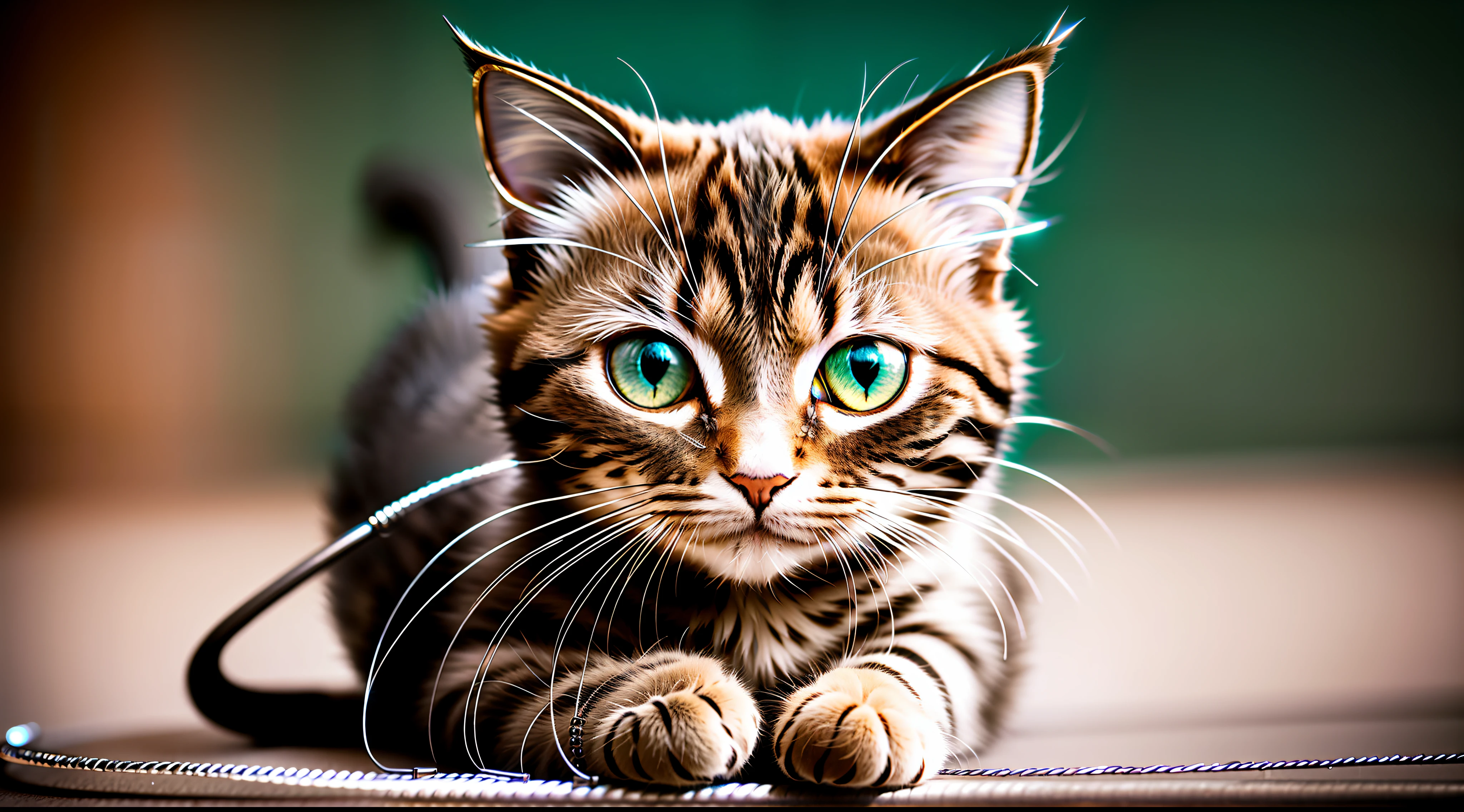 cute kitty made of metal, (cyborg:1.1), ([tail | detailed wire] :1.3), (intricate detail), HDR, (intricate detail, hyper-detailed:1.2), cinematic shot, vignette, centered
