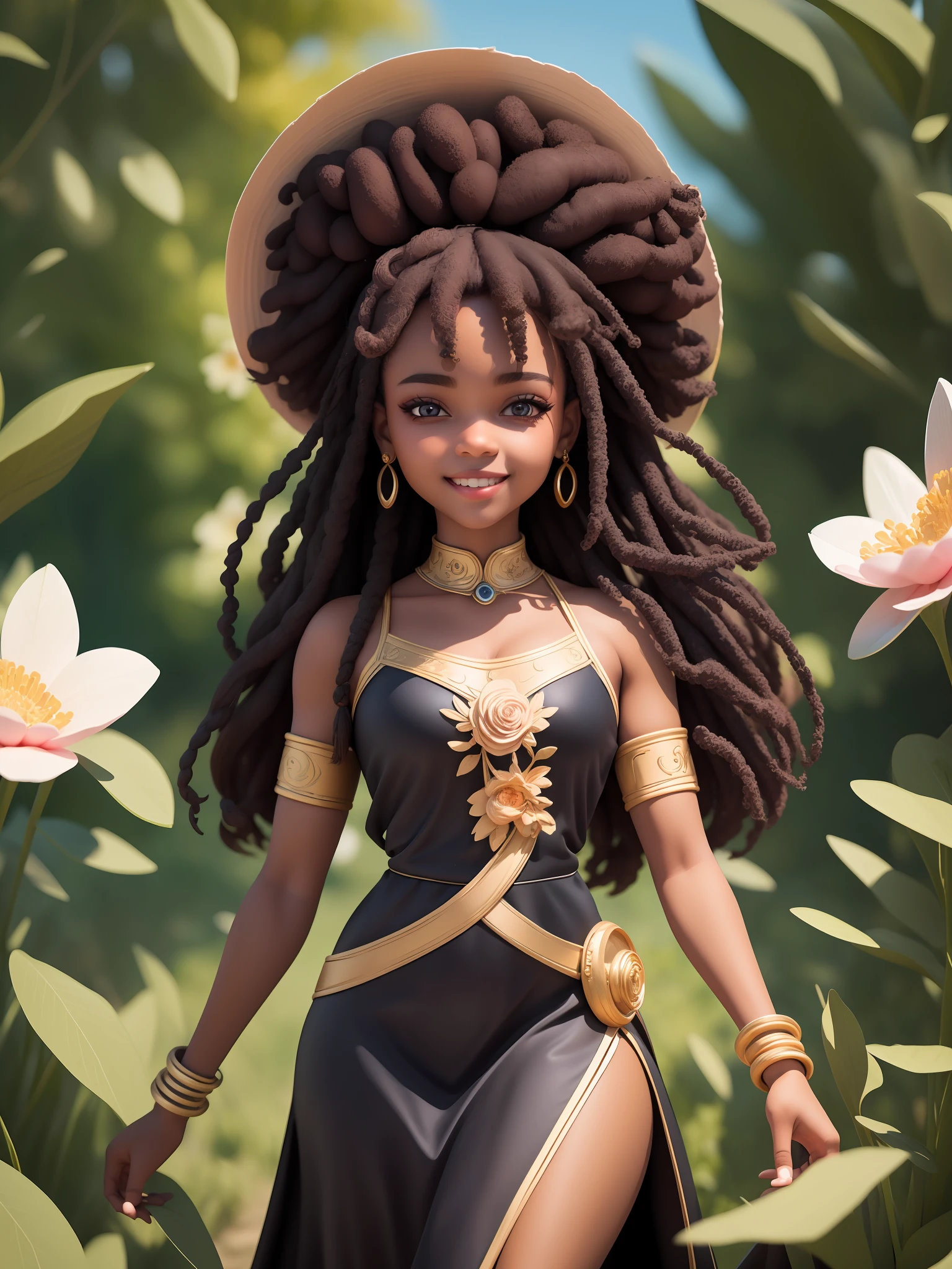 (masterpiece),(best quality),(ultra-detailed), mid body, black woman, teenager, warrior, fantasy universe, long dress black, light smile, flower, outdoors, turban, :3, afro clothes, princess, blurry, brown hair, black hair, background abstract (beautiful detailed face), (beautiful detailed eyes),