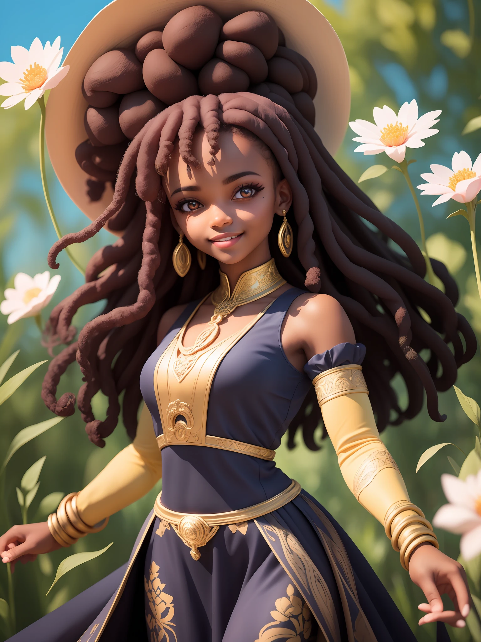 (masterpiece),(best quality),(ultra-detailed), mid body, black woman, teenager, warrior, fantasy universe, long dress black, light smile, flower, outdoors, turban, :3, afro clothes, princess, blurry, brown hair, black hair, background abstract (beautiful detailed face), (beautiful detailed eyes),