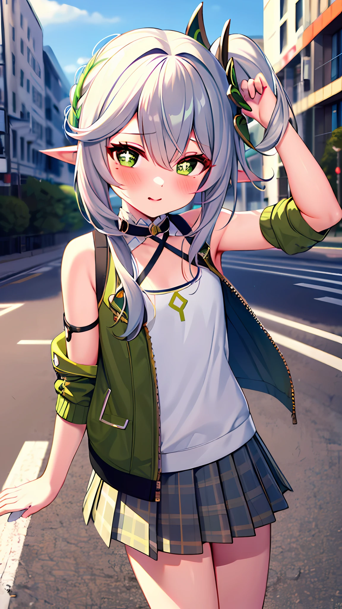 masterpiece, high res, best quality, 1girl, solo, nahida_genshin, cross-shaped pupils, cute tanktop, cute jacket, pleated skirt, standing, outdoor, cityroad, on the road, cowboy shot, sexy pose, blush,