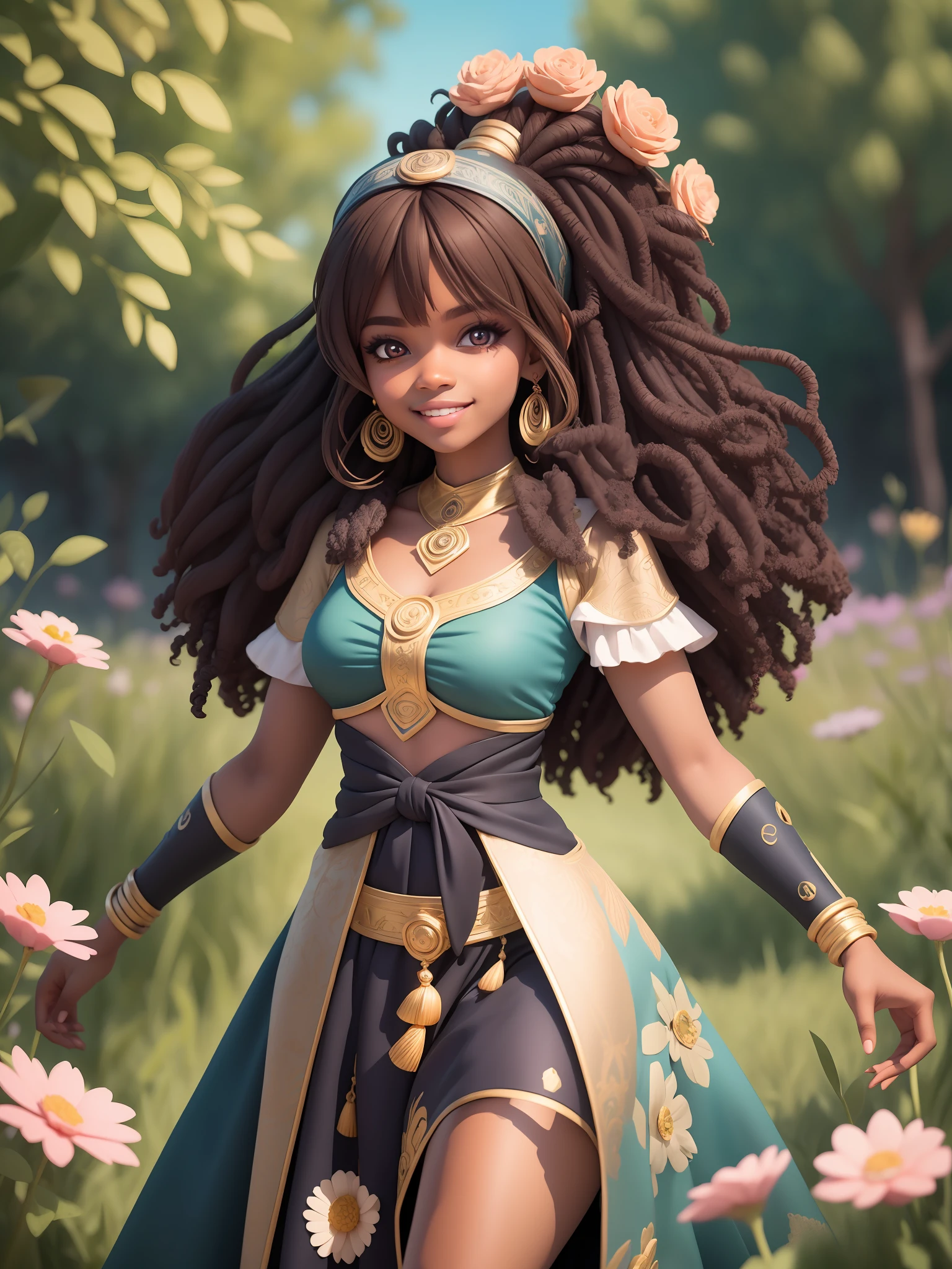 (masterpiece),(best quality),(ultra-detailed), mid body, black woman, teenager, warrior, fantasy universe, long dress black, light smile, flower, outdoors, turban, :3, afro clothes, princess, blurry, brown hair, black hair, background abstract (beautiful detailed face), (beautiful detailed eyes),
