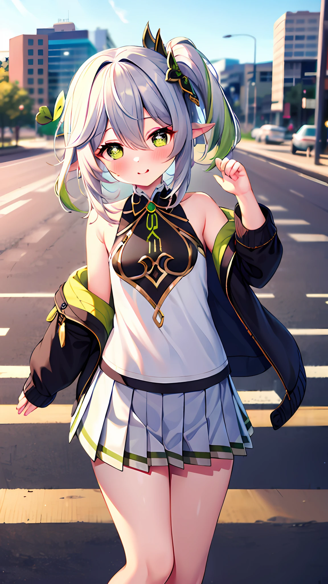 masterpiece, high res, best quality, 1girl, solo, nahida_genshin, cross-shaped pupils, cute tanktop, cute jacket, pleated skirt, standing, outdoor, cityroad, on the road, cowboy shot, sexy pose, blush,
