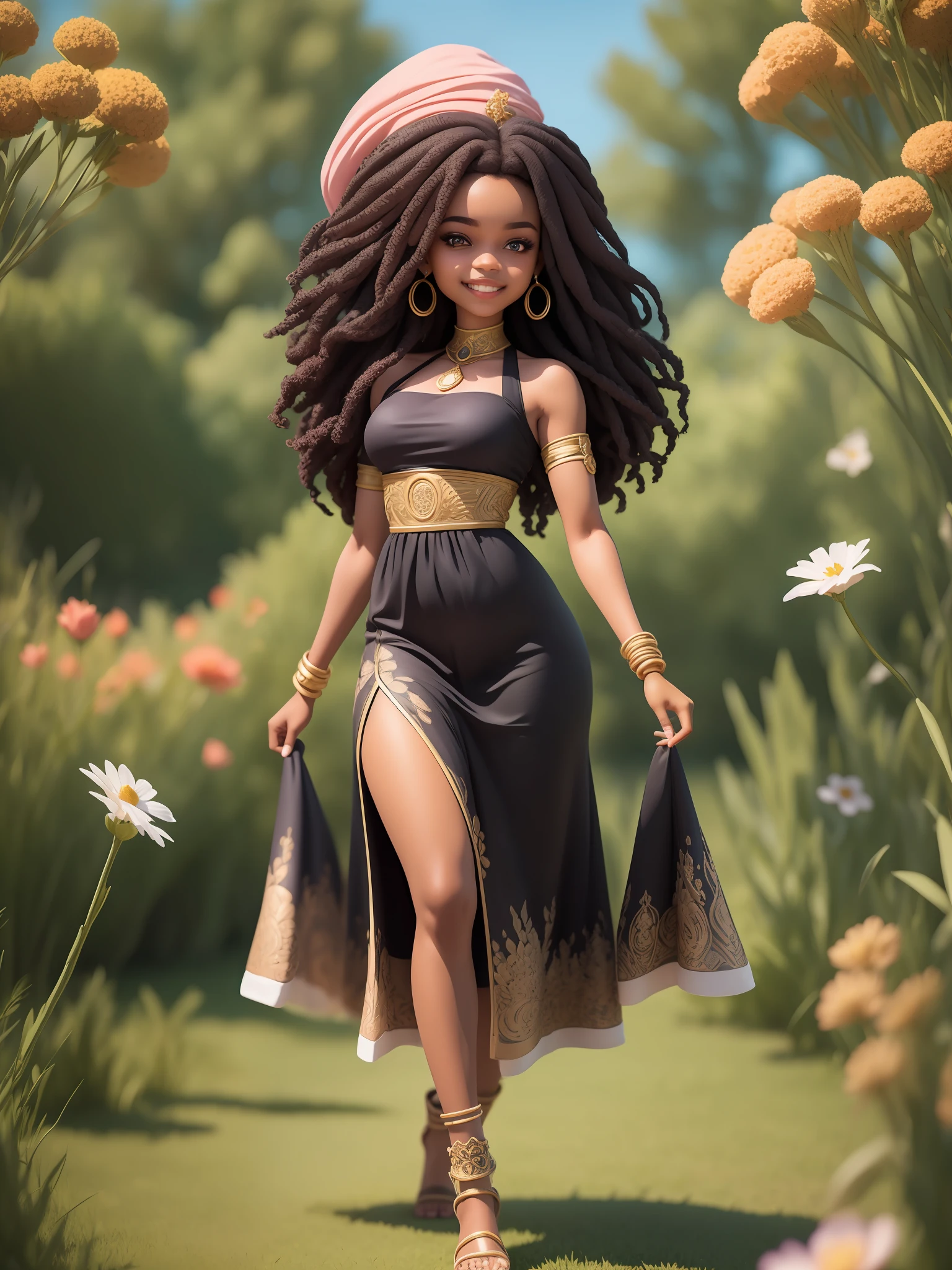 (masterpiece),(best quality),(ultra-detailed), (full body:1.2), black woman, teenager, warrior, fantasy universe, long dress black, light smile, flower, outdoors, turban, :3, afro clothes, princess, blurry, brown hair, black hair, background abstract (beautiful detailed face), (beautiful detailed eyes),